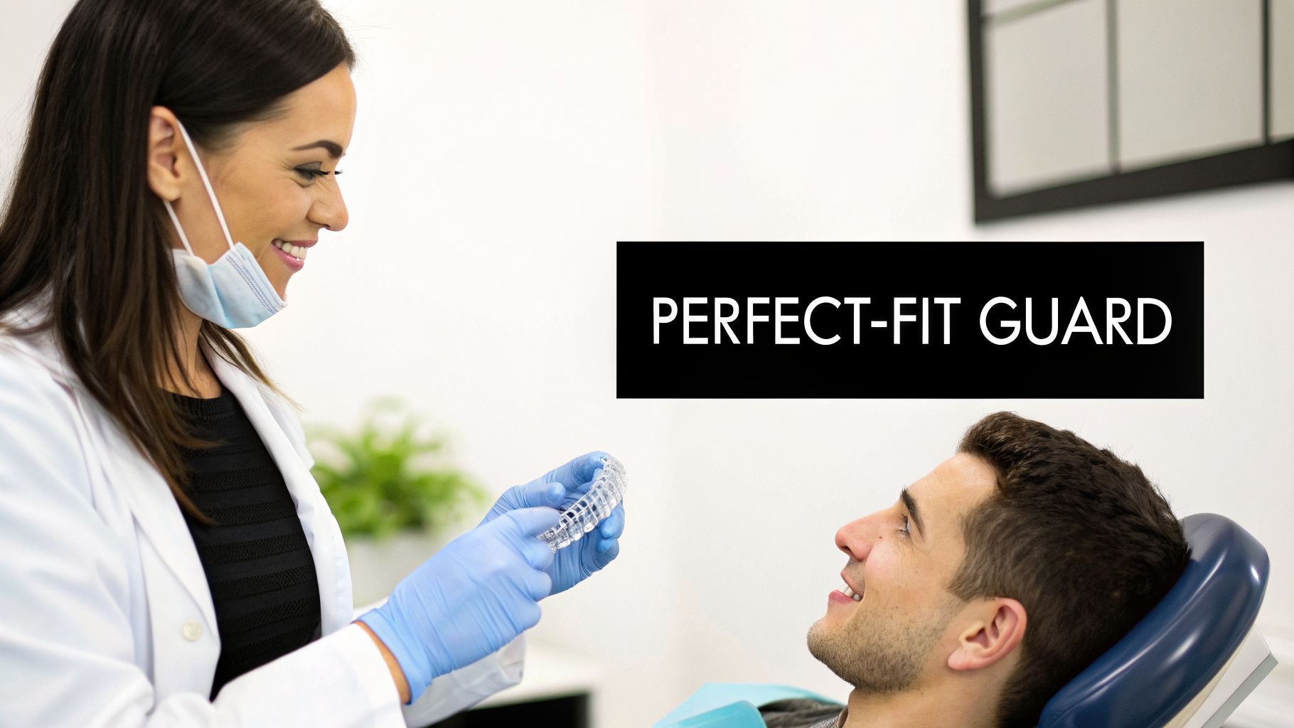 Dentist in a lab coat showing a clear dental guard to a smiling patient in a dental chair.
