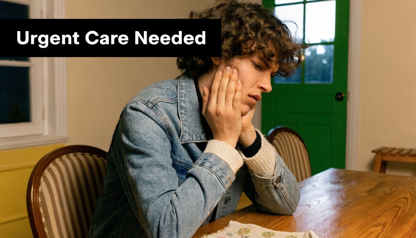 A young man with curly hair sits at a wooden table looking distressed while clutching his jaw.