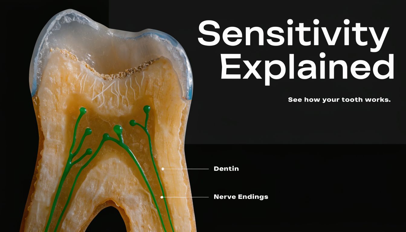 A cross-section diagram of a human tooth highlighting dentin and nerve endings to explain dental sensitivity.