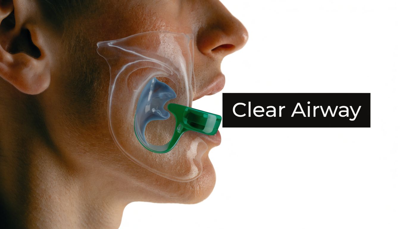 A diagram demonstrating how a mandibular advancement device holds the jaw forward to maintain a clear airway.