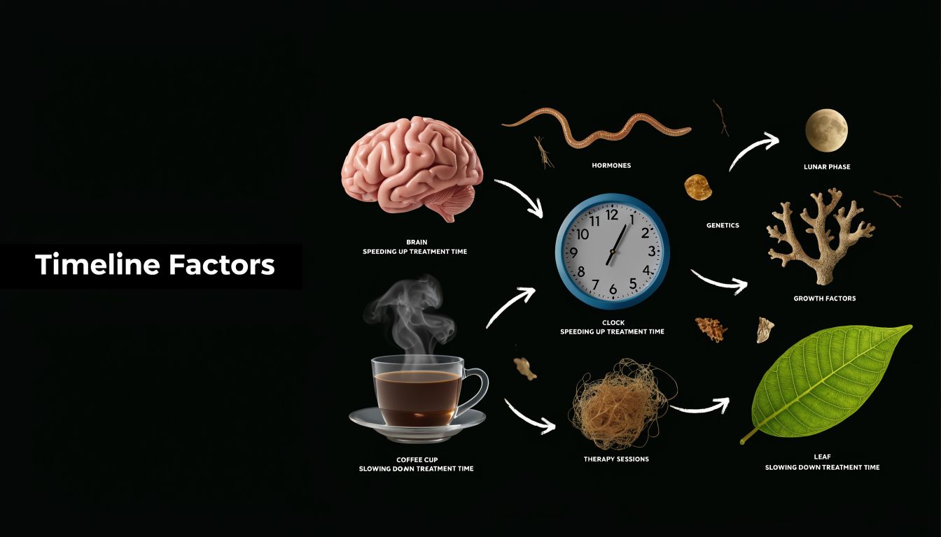 A visual infographic titled Timeline Factors showing various elements affecting treatment duration, including brain, coffee, clock, and nature.