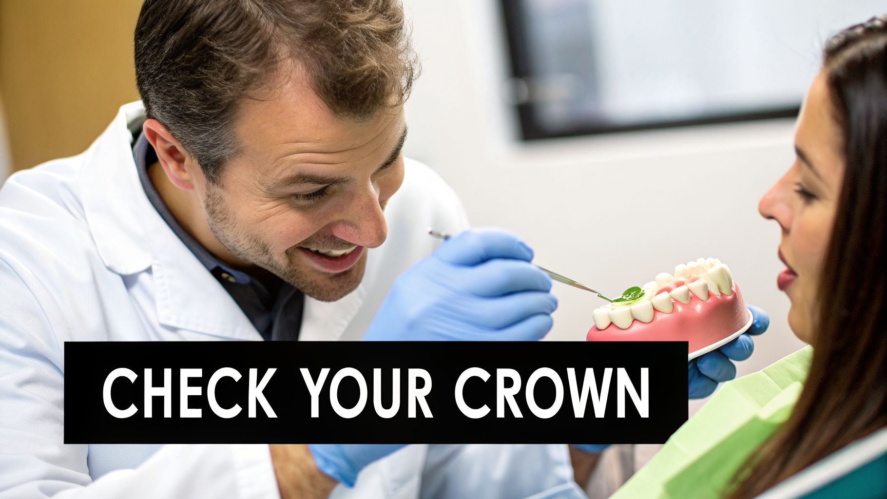 Smiling dentist in blue gloves demonstrates a dental crown check-up on a tooth model to a patient.