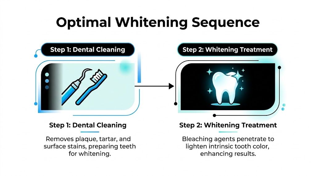 A diagram illustrating the two-step optimal teeth whitening process, starting with dental cleaning then professional whitening treatment.