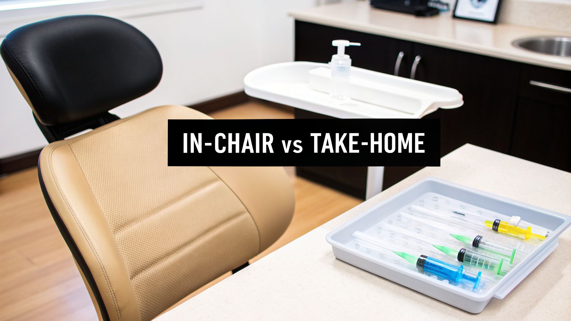 A dental office setting with a treatment chair, dental tools, and a sign comparing 'IN-CHAIR vs TAKE-HOME'.