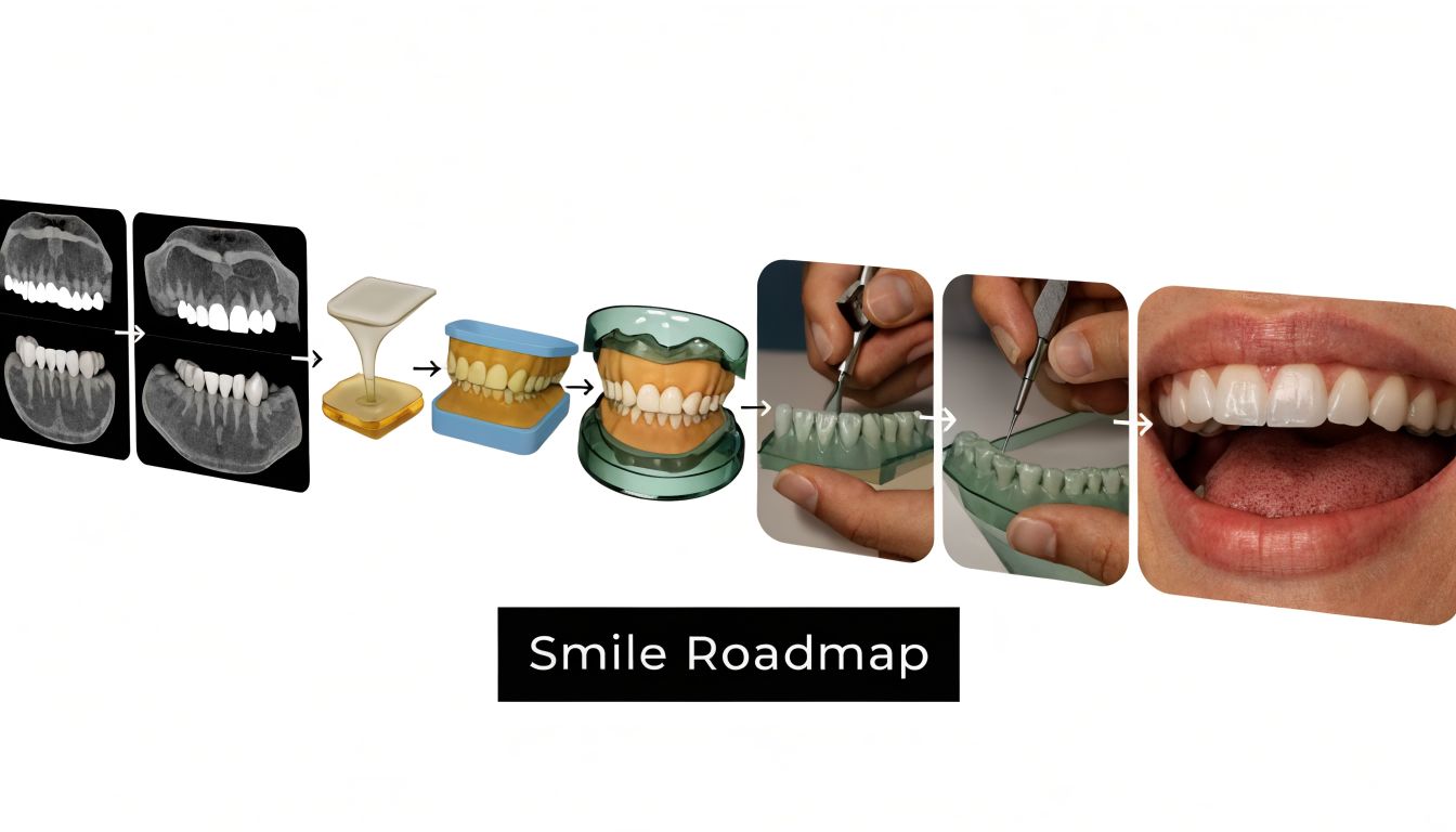 A diagram illustrating the dental procedure steps for creating a patient-specific smile design and dental restoration.