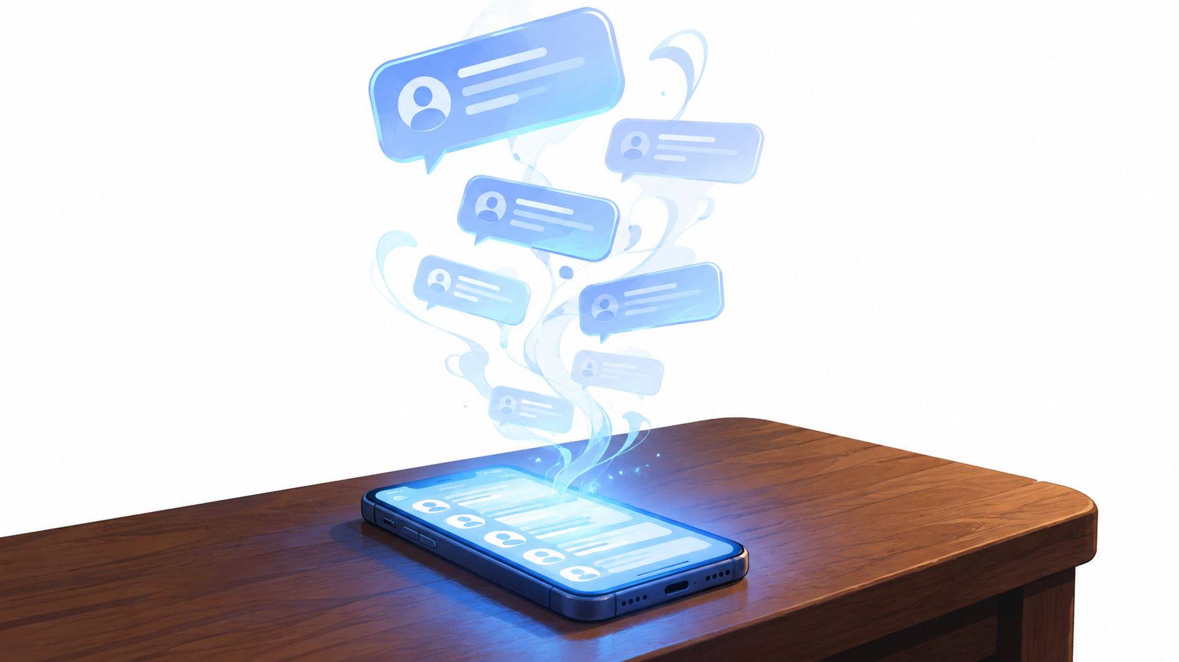 A digital smartphone resting on a wooden table displaying floating holographic speech bubbles with text notifications.