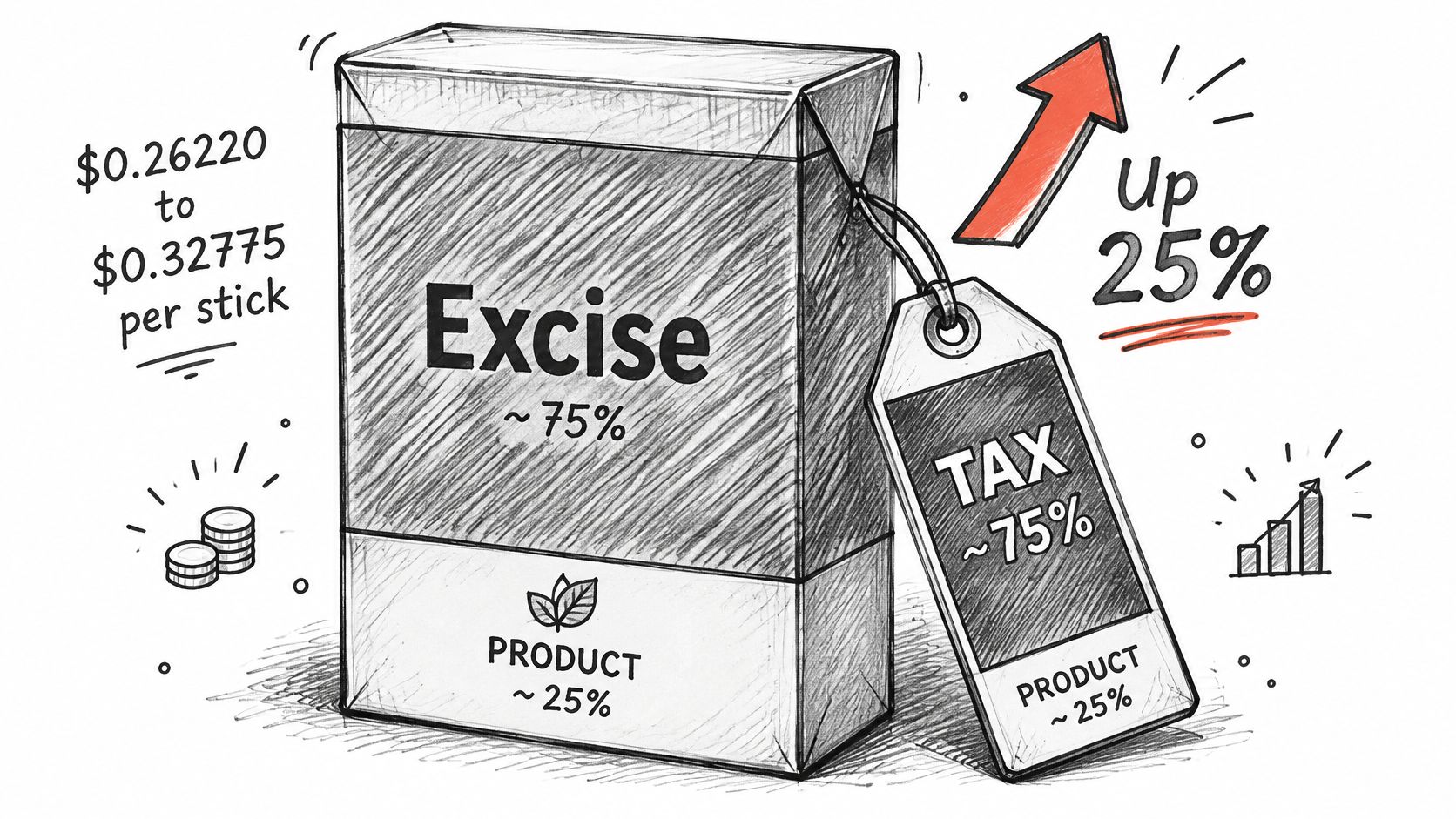 A hand-drawn illustration depicting a pack of tobacco showing a 75 percent excise tax increase.