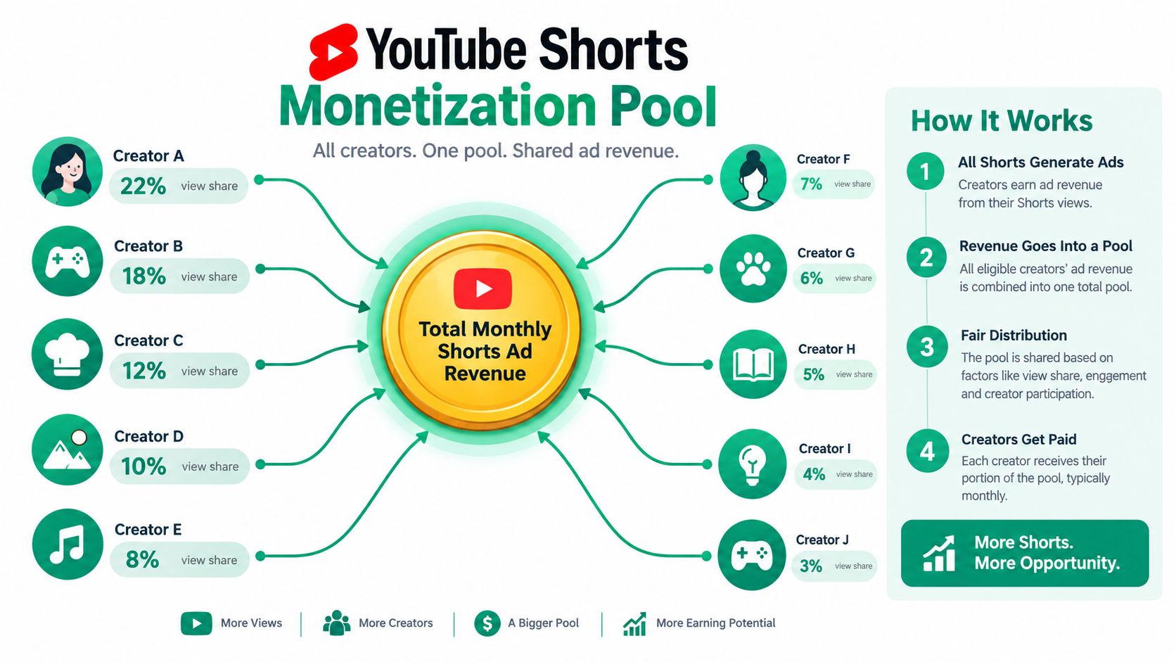 A diagram explaining the YouTube Shorts monetization model showing how ad revenue is distributed among creators.