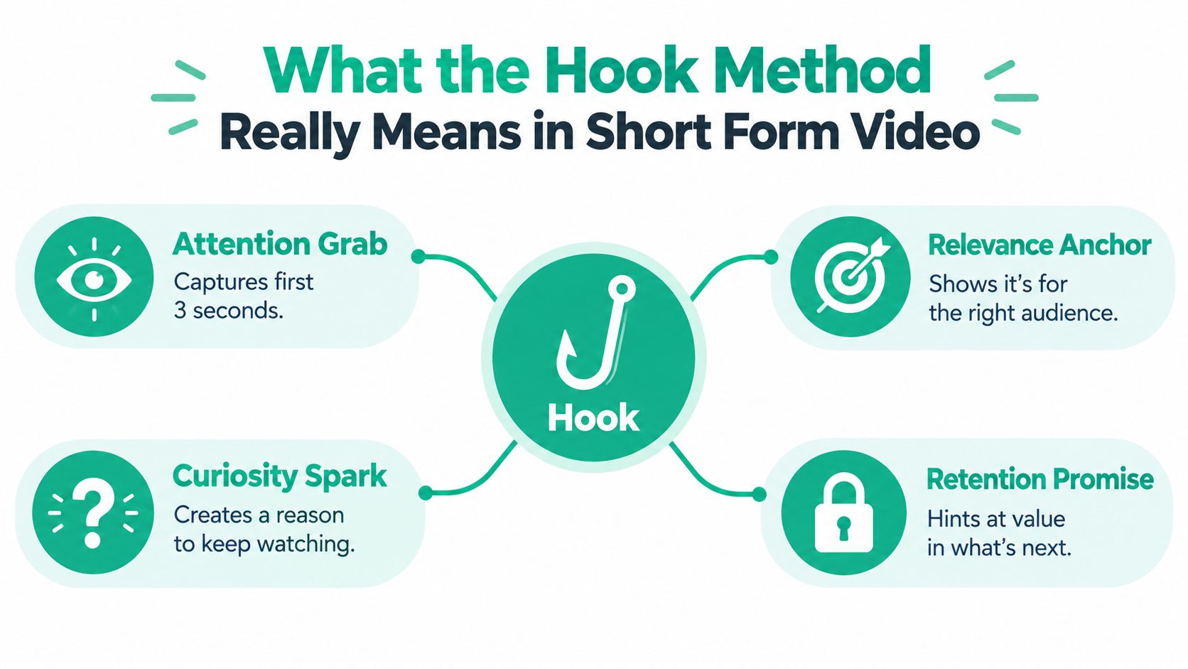 A diagram explaining the hook method in short-form video featuring four key components for creator engagement.