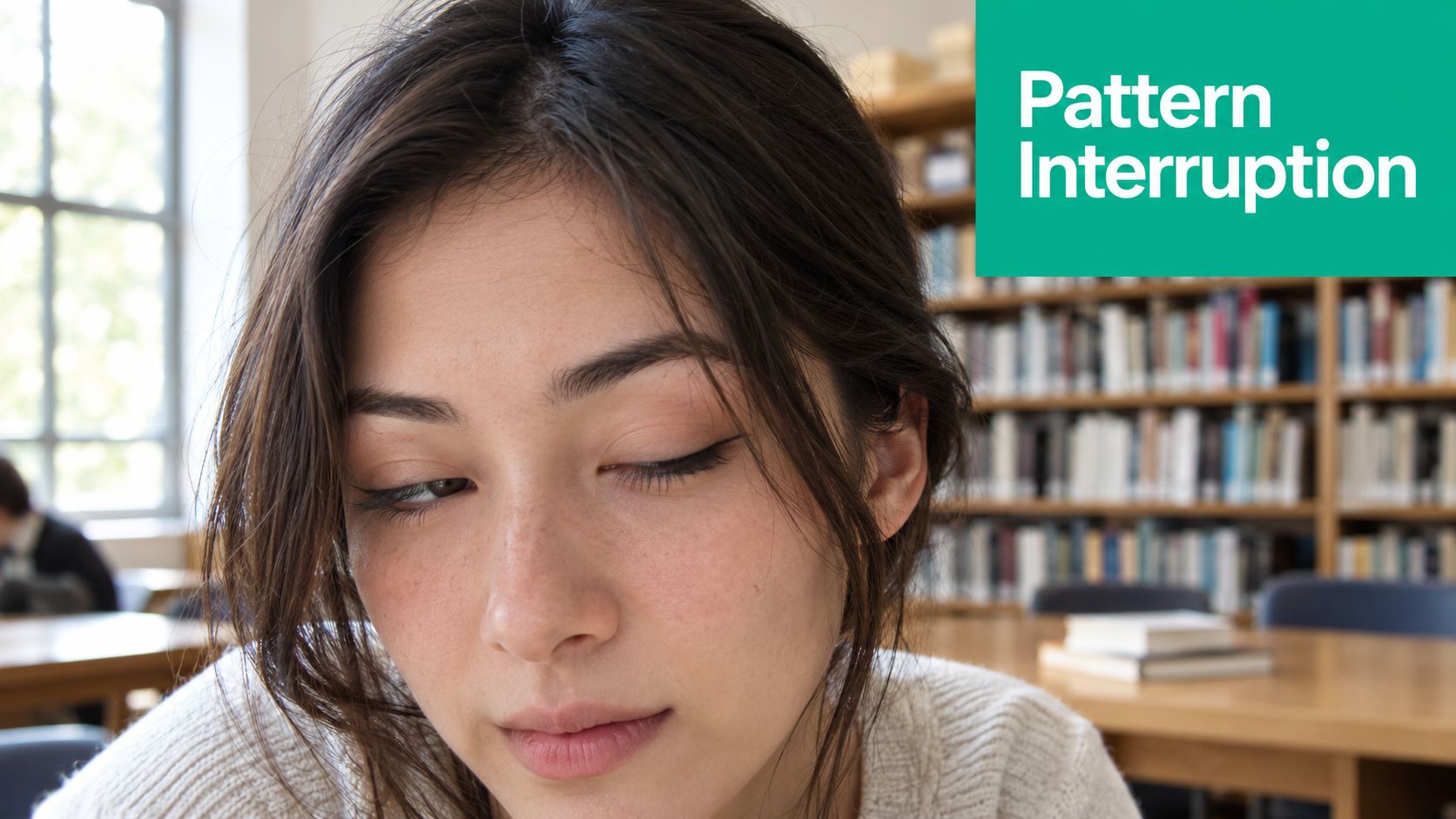 A young woman looking down thoughtfully while studying in a quiet, blurred library setting.