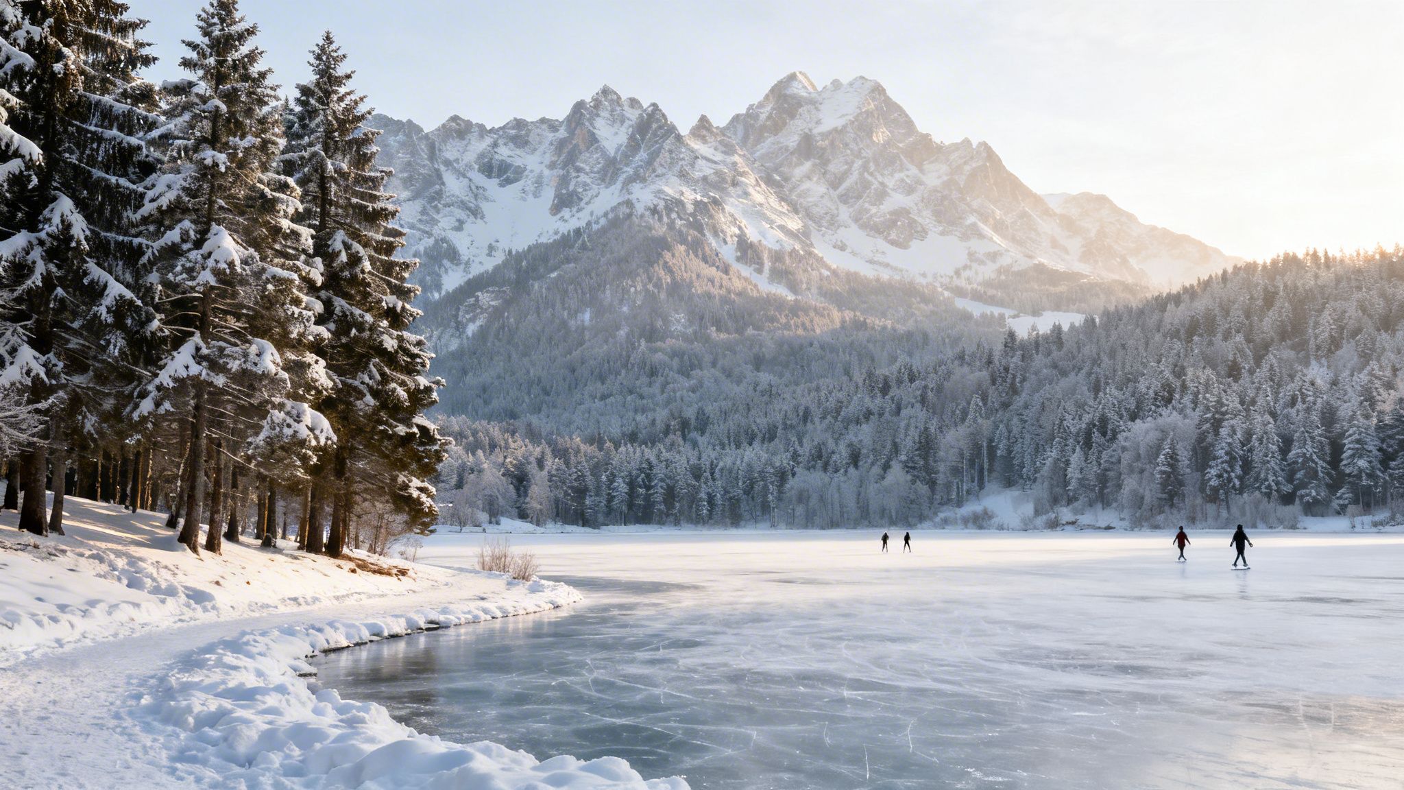 Winter landscape with a frozen lake, ice skaters, snow-covered pine trees, and majestic mountains.