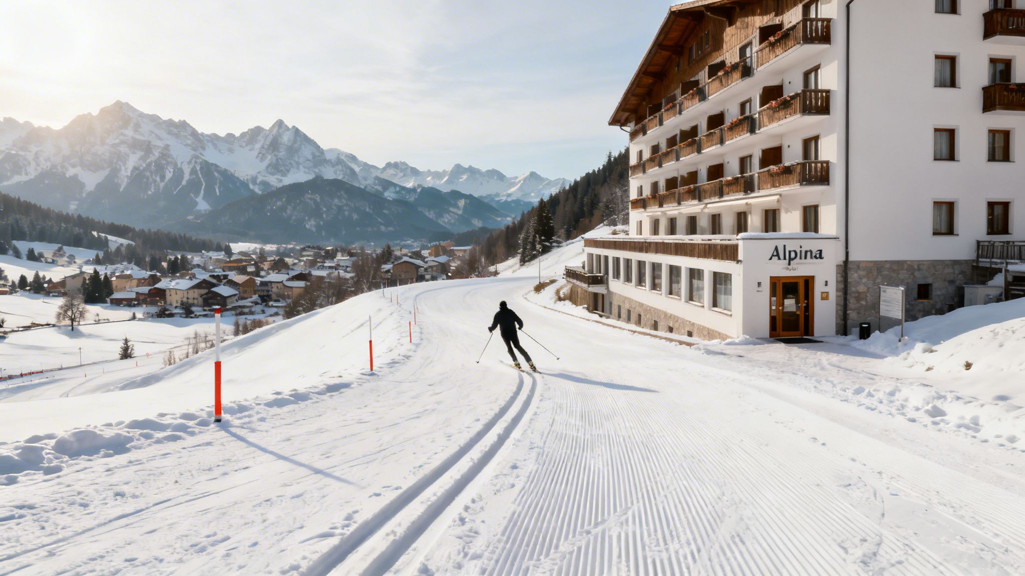 A person cross-country skiing on a snowy trail past Alpina hotel, with a village and majestic mountains in the distance.