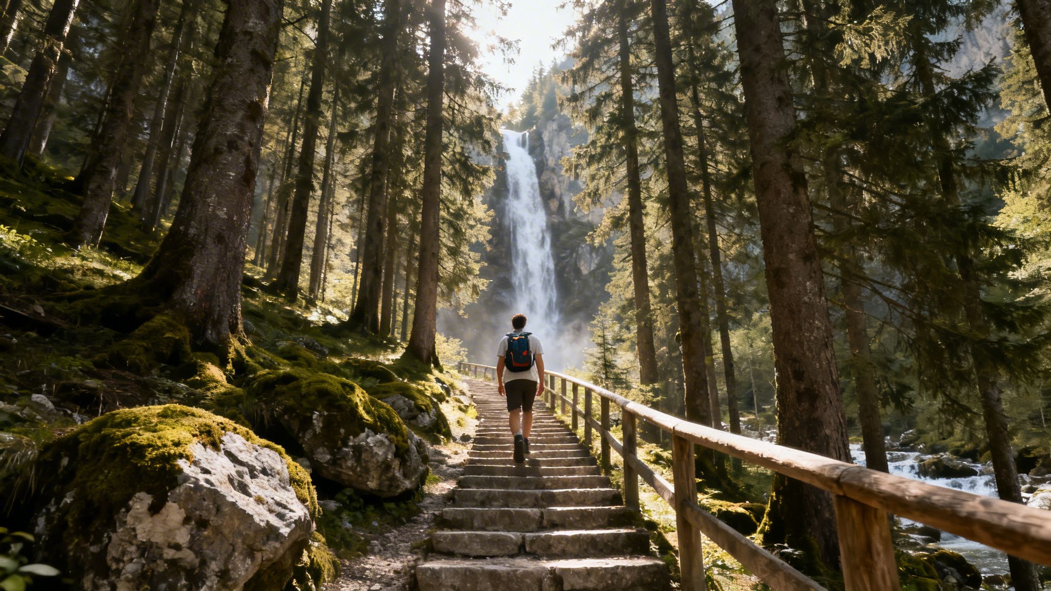 A hiker ascends stone steps towards a majestic waterfall surrounded by a sunlit forest.