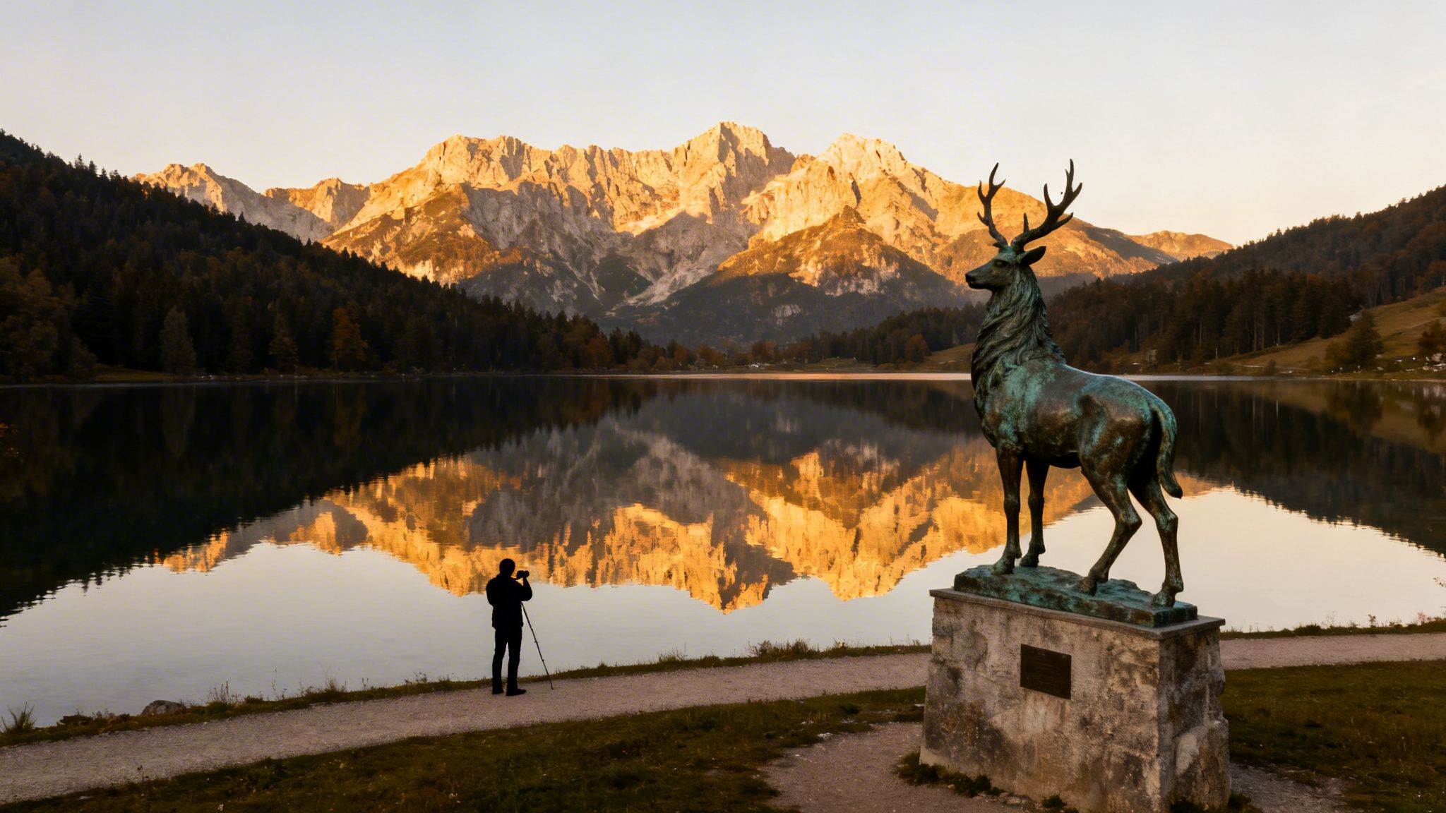 A photographer captures a serene lake scene with a deer statue and stunning mountain reflections at sunset.