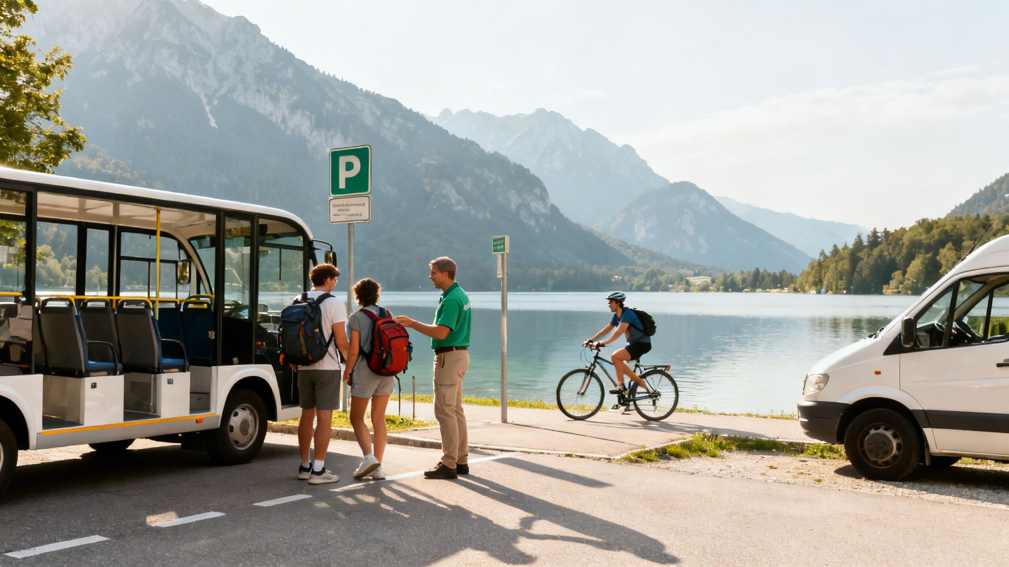 Tourists and a guide near a white shuttle bus by a scenic lake and mountains.