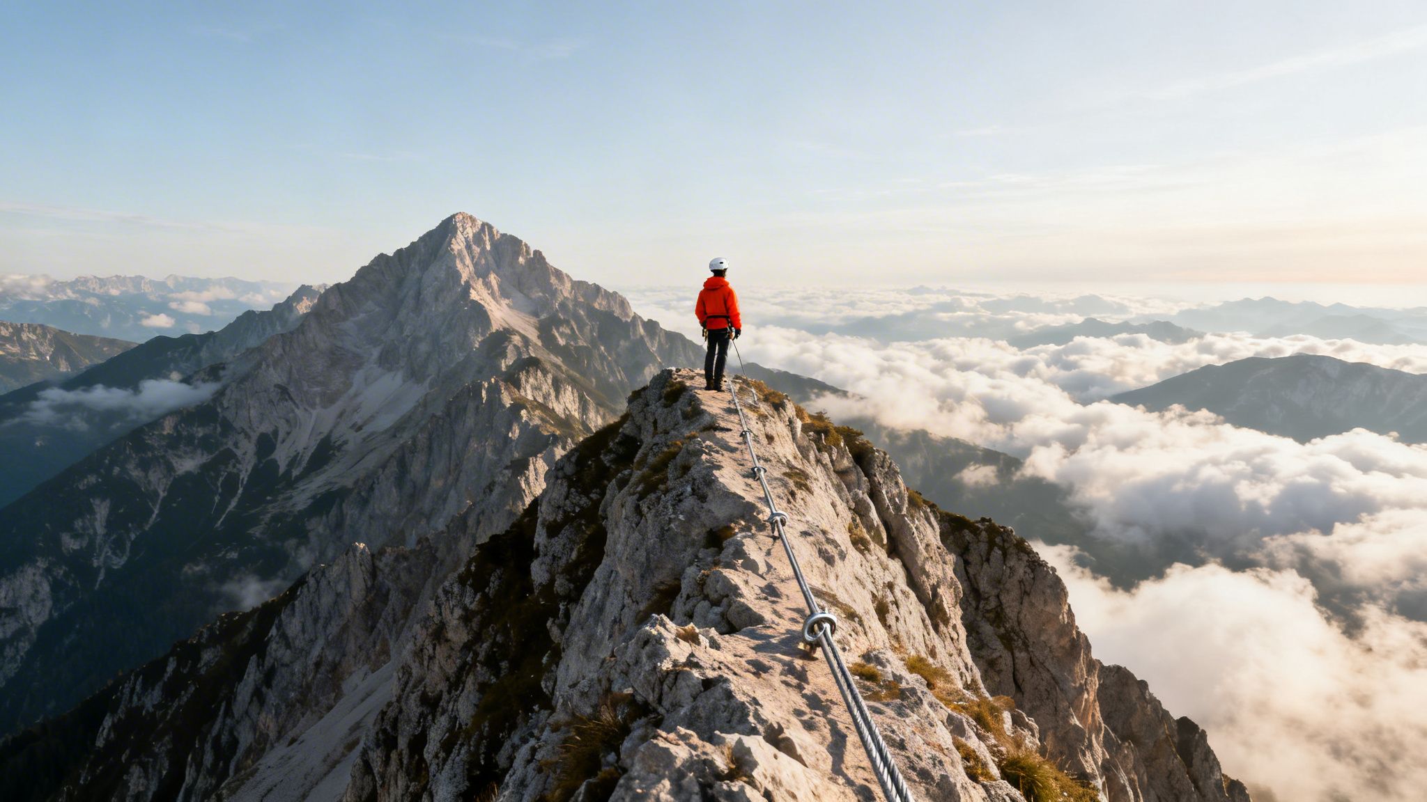 A climber on a via ferrata ridge overlooking a sea of clouds and majestic mountains.