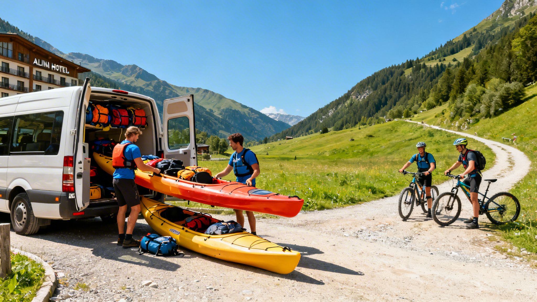 Men unload kayaks from a van in a scenic mountain valley, with mountain bikers and a hotel nearby.