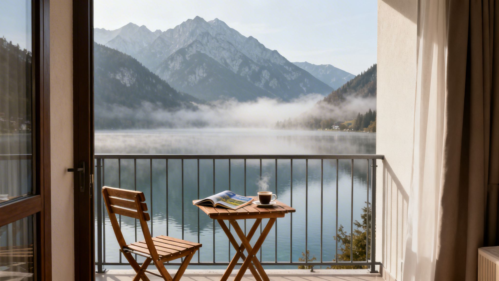 A scenic balcony view of a foggy mountain lake with a coffee and magazine on a wooden table.