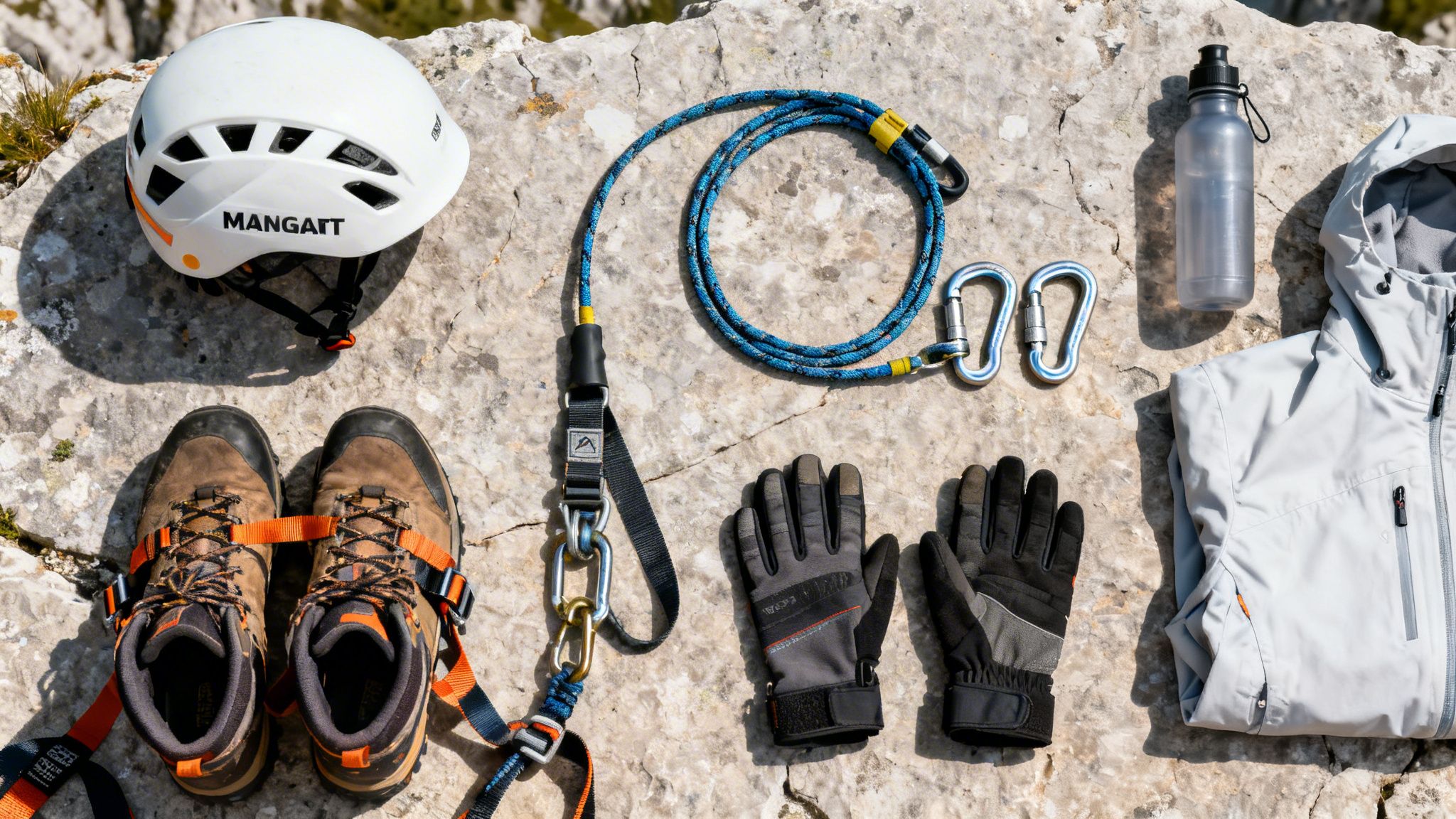 A flat lay of via ferrata climbing gear, including a helmet, rope, shoes, and carabiners, on a rocky surface.