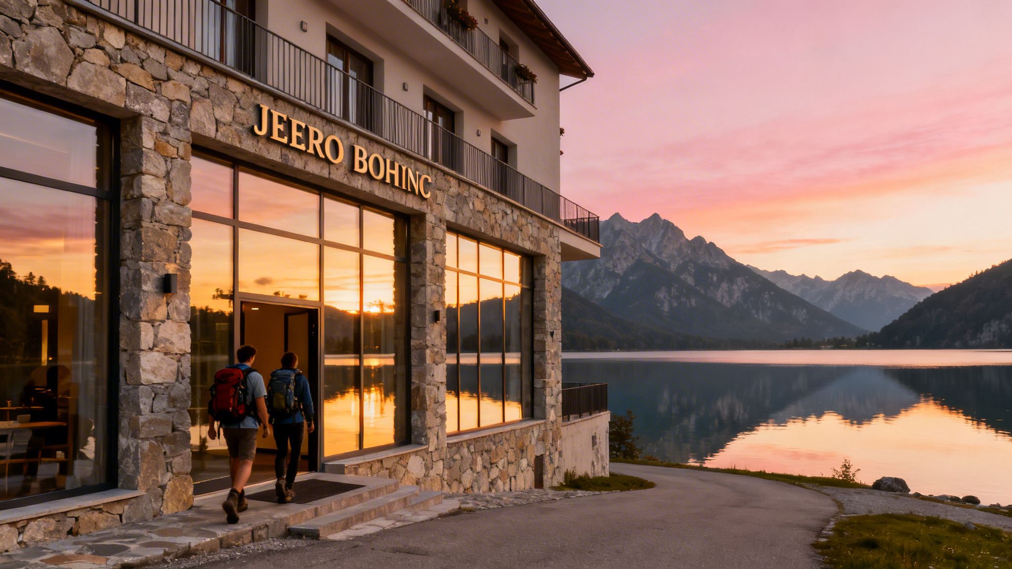 Two hikers approach the Jeero Bohinc hotel by a serene lake with mountains at sunset.