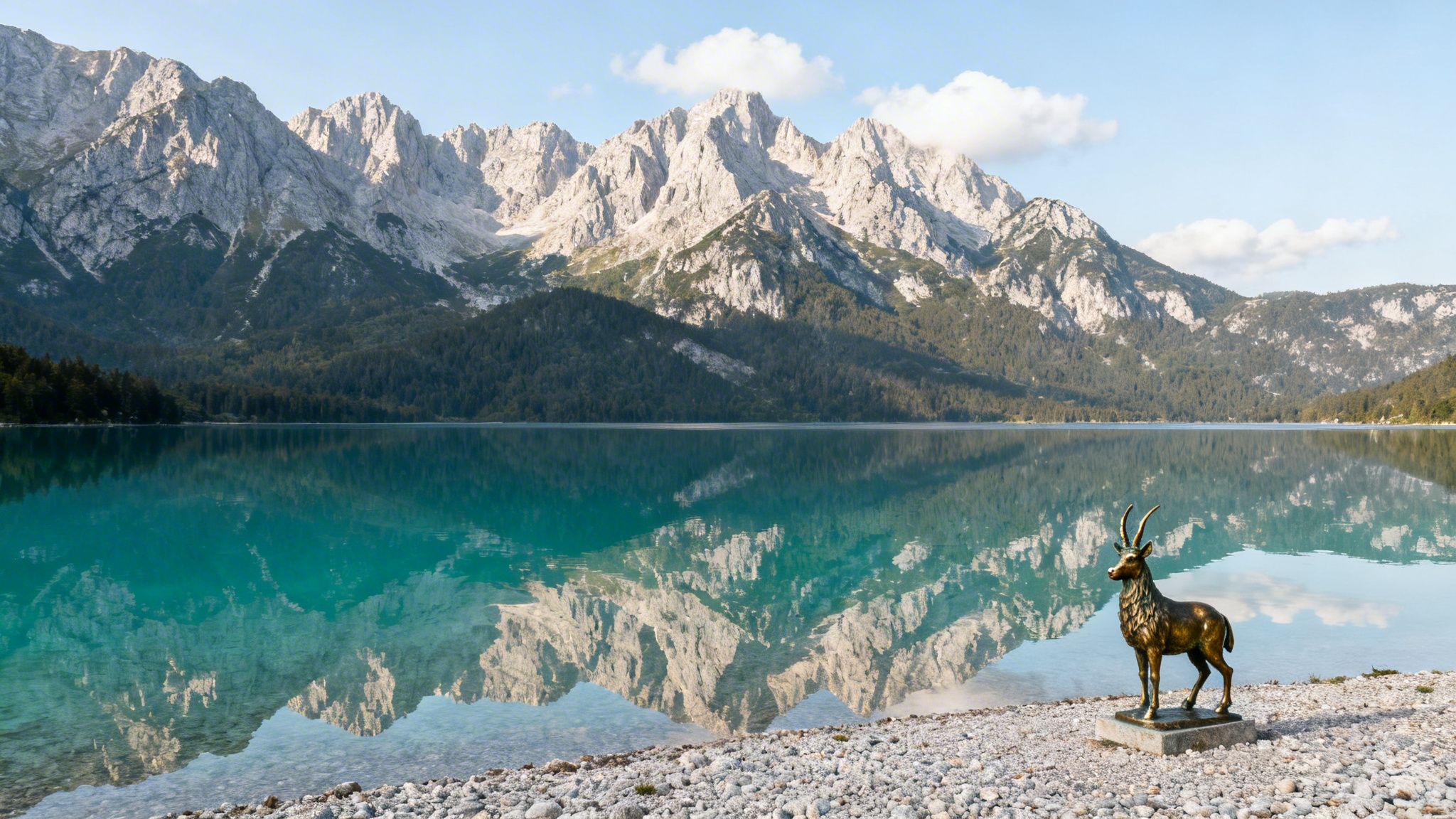 Stunning turquoise mountain lake reflecting rugged peaks under a blue sky, with a bronze chamois statue.