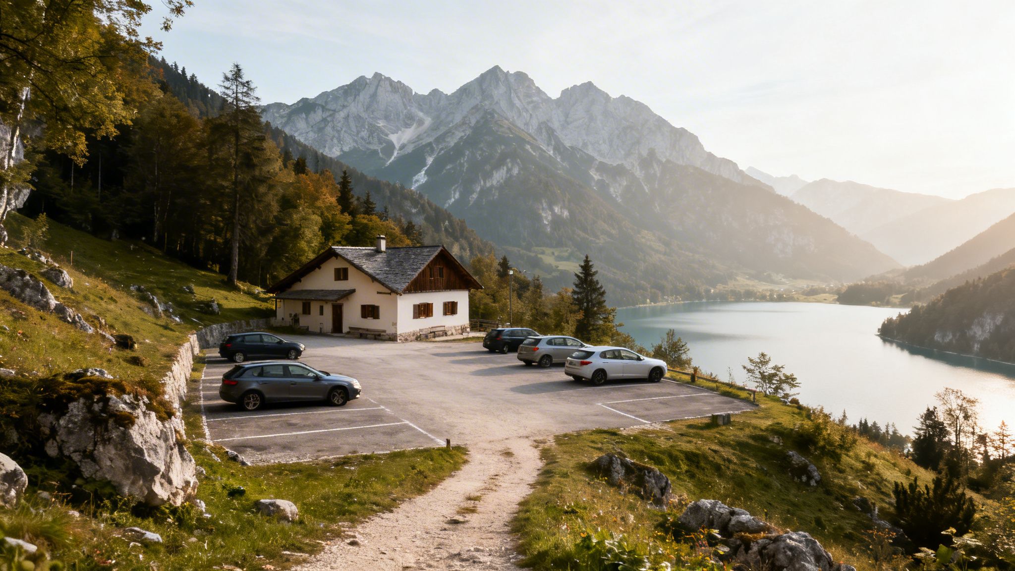 A traditional house and parking lot overlooking a tranquil mountain lake with forested hillsides.