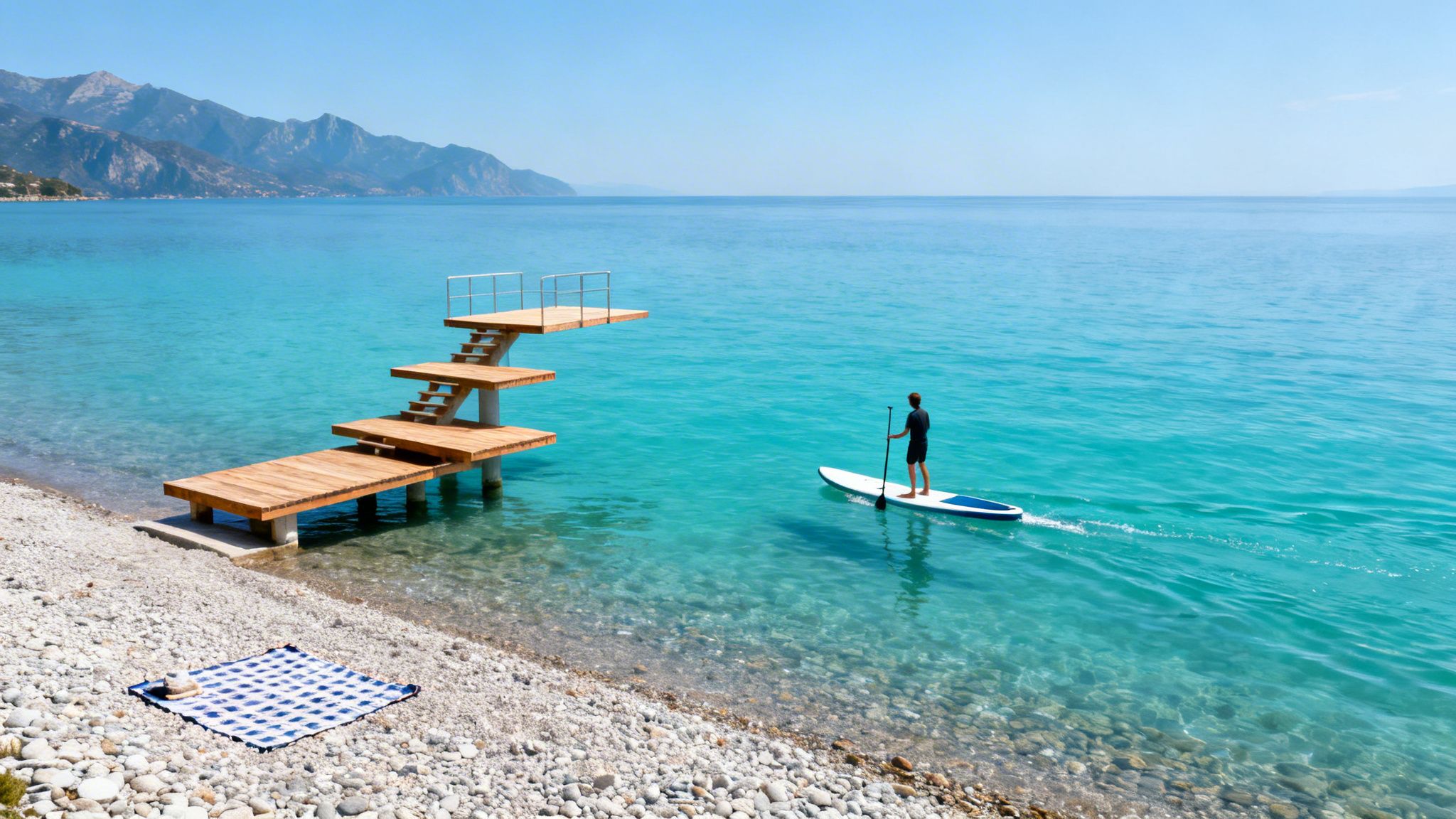 A person paddleboarding on clear turquoise water near a wooden pier and a pebble beach.