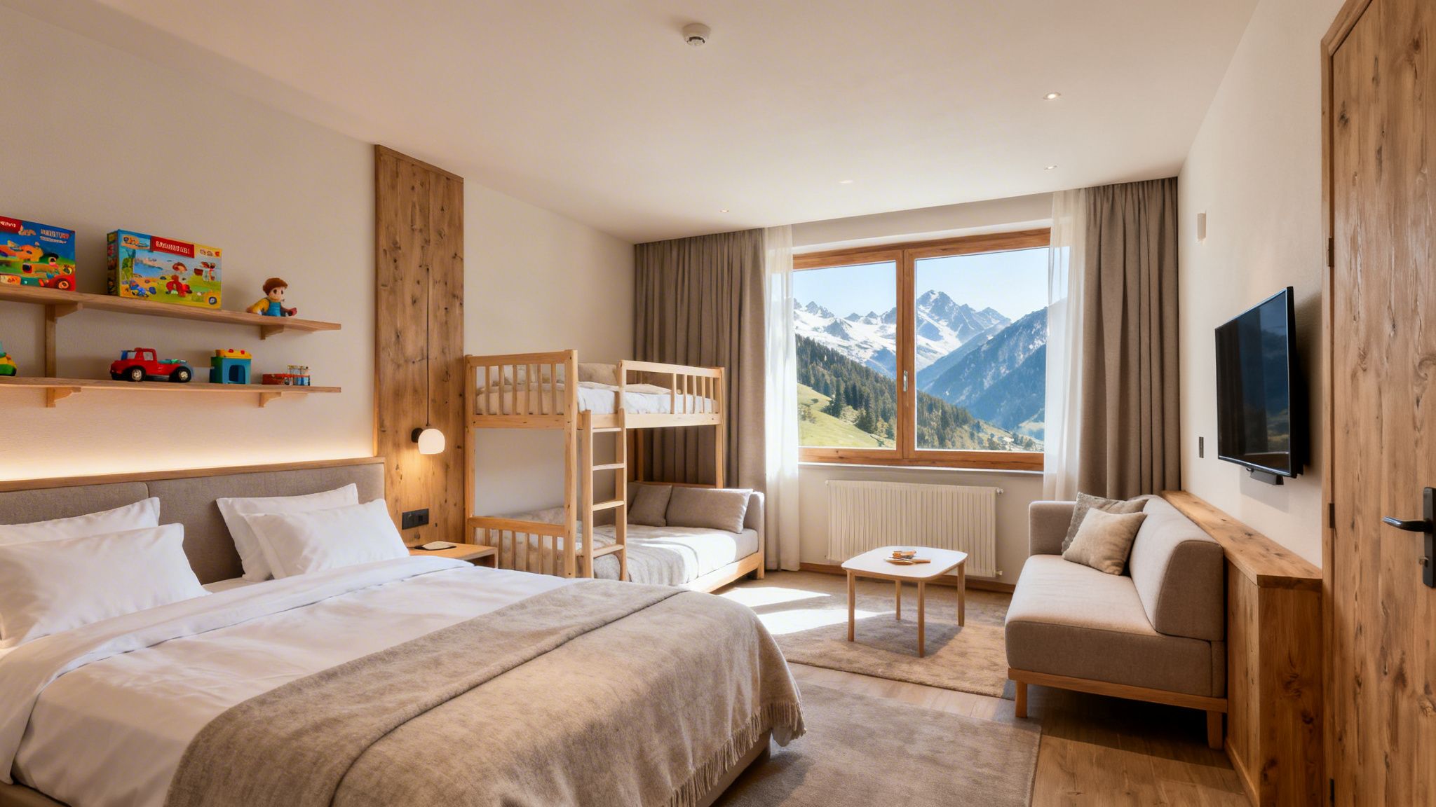 A bright, family-friendly hotel room with a double bed, bunk beds, and a mountain view.