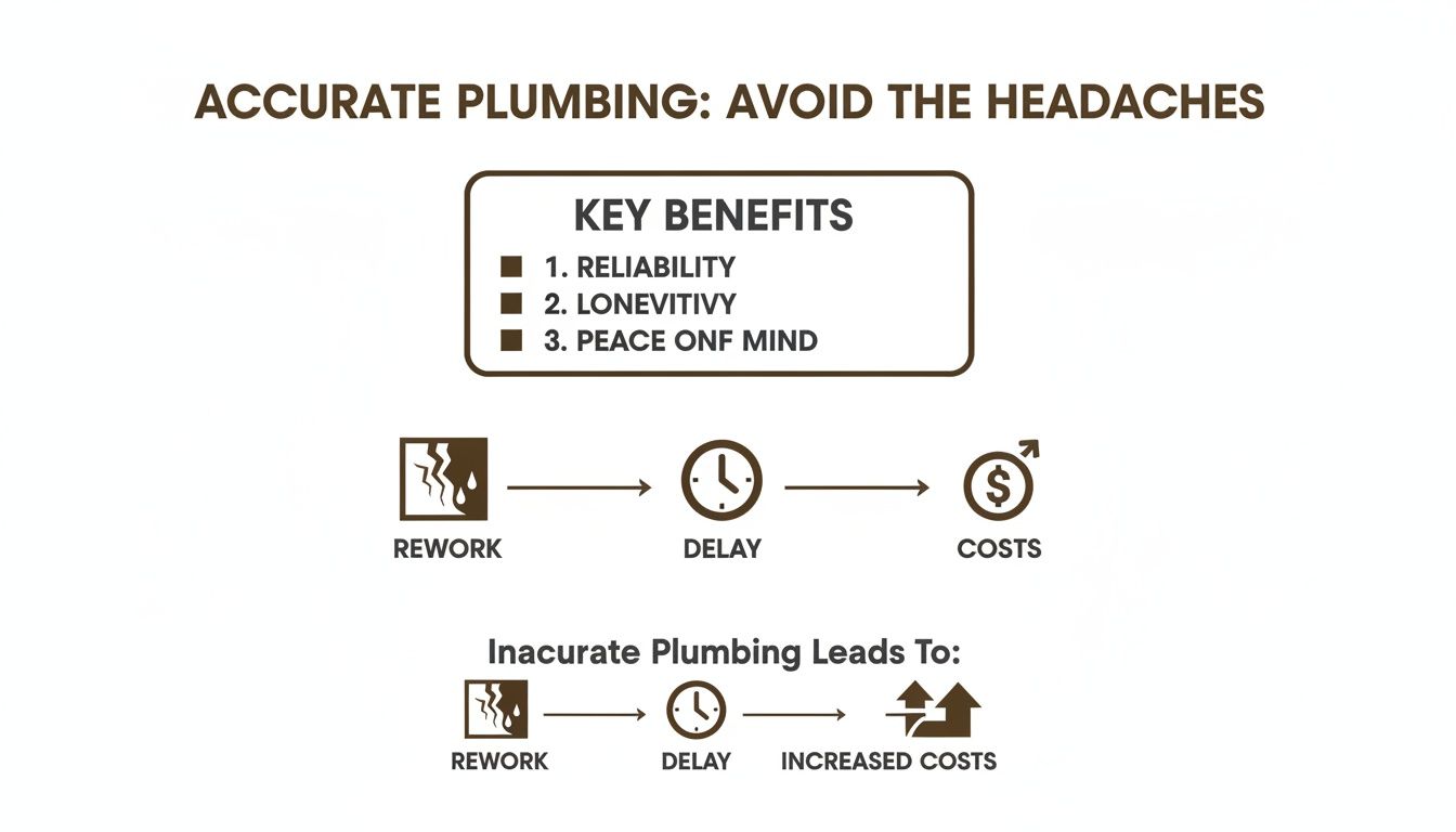Diagram illustrating the key benefits of accurate plumbing and the costly consequences of inaccurate plumbing.
