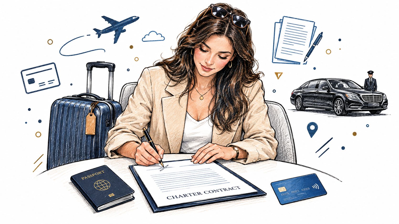 A woman signing a charter contract at a desk with a passport, suitcase, and travel icons.