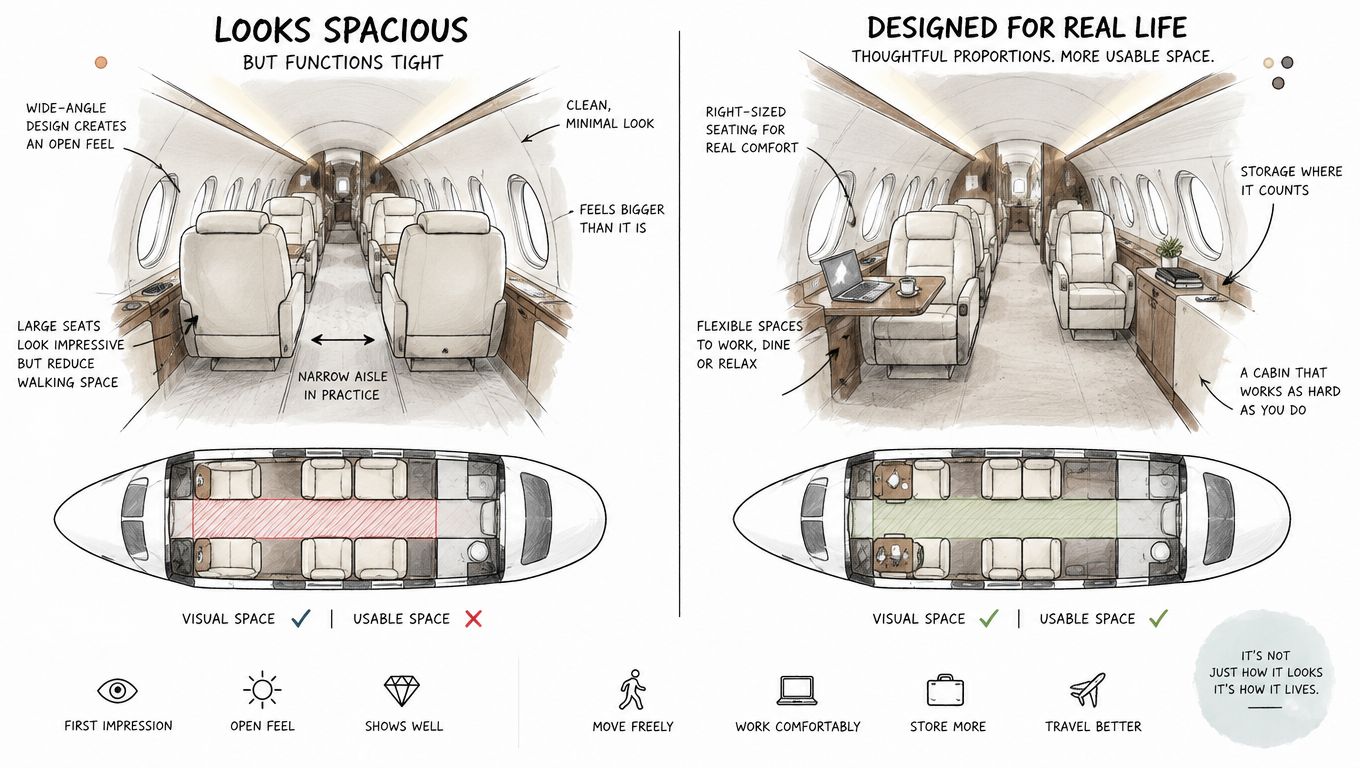 A comparison illustration of private jet cabin layouts highlighting design for visual space versus practical usability.