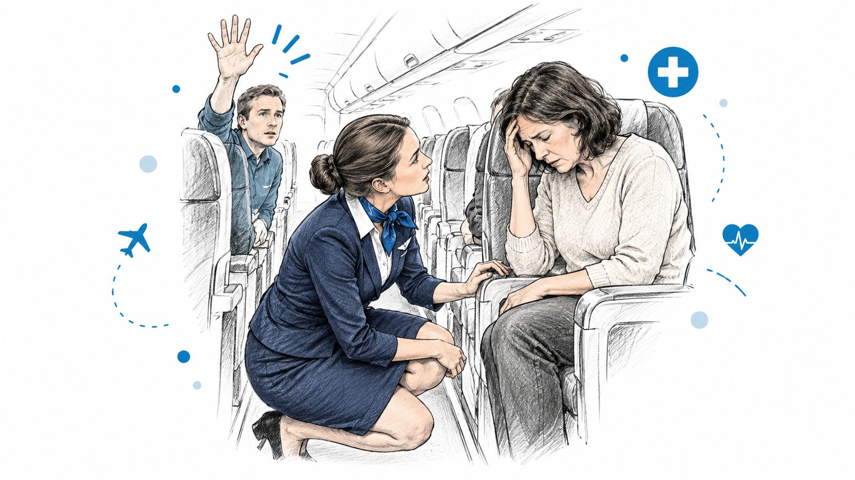 A flight attendant assisting a passenger who is experiencing a medical emergency in a commercial airplane seat.