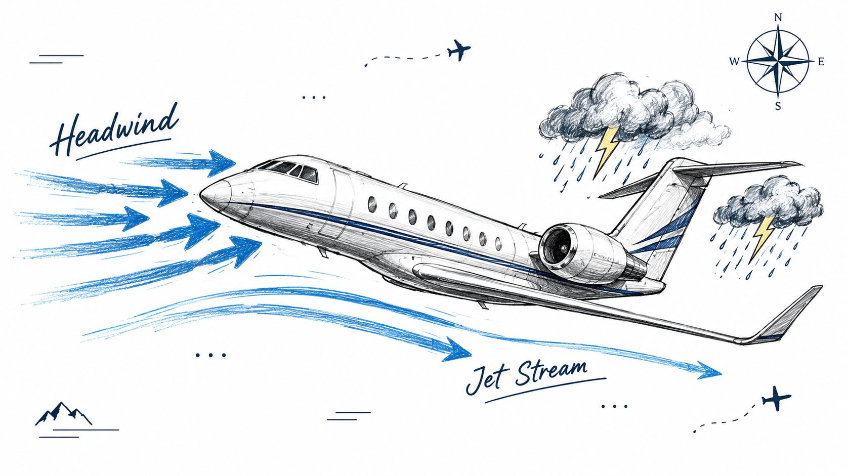 A conceptual sketch illustrating a private jet navigating through a headwind and near a jet stream.