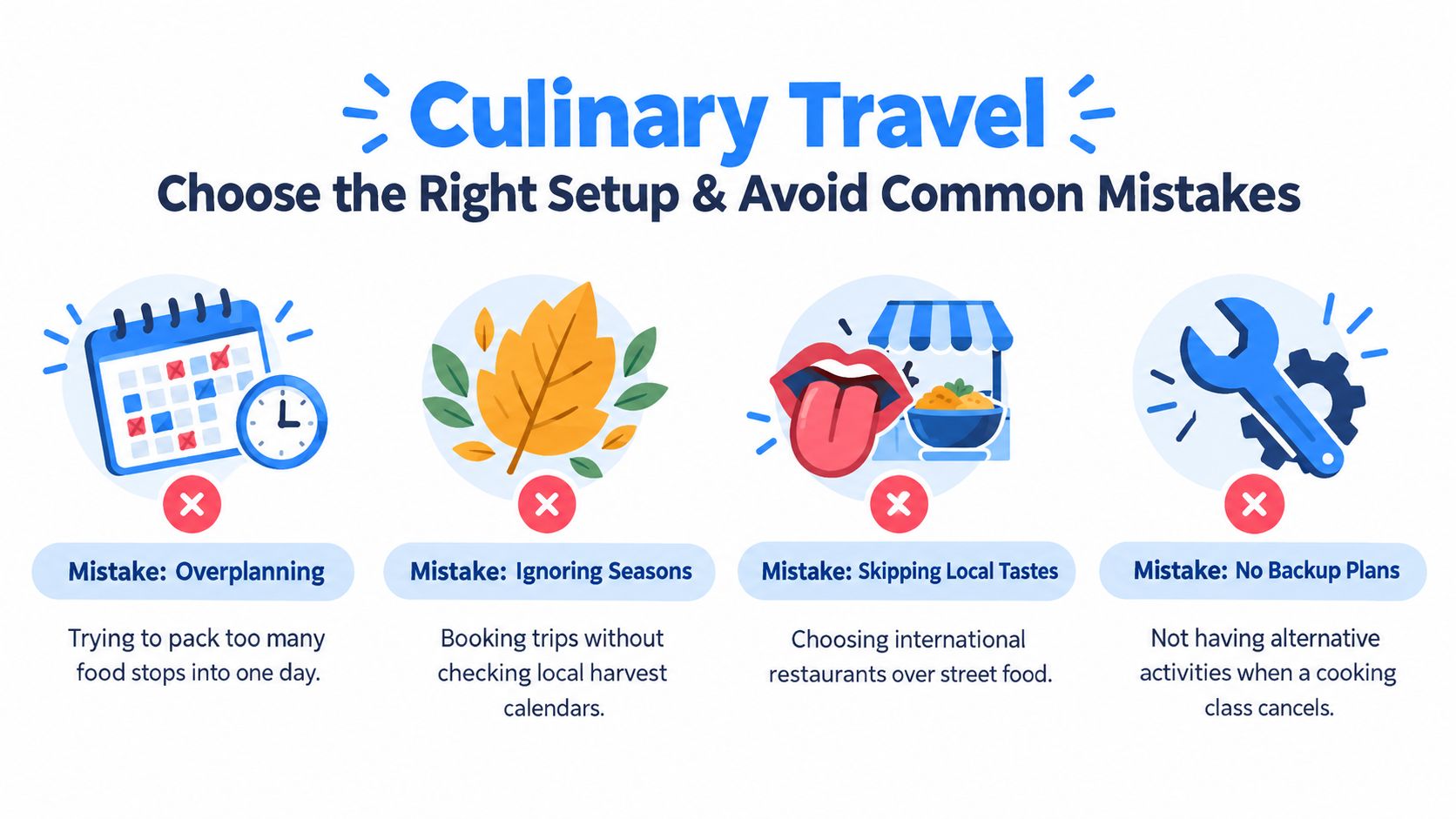An infographic detailing four common mistakes to avoid when planning your next culinary travel experiences.
