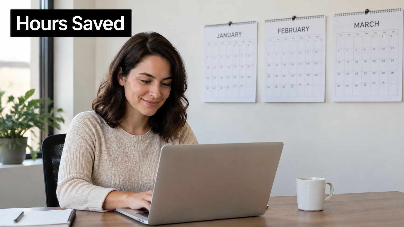 A smiling woman working on a laptop in an office with calendars on the wall.