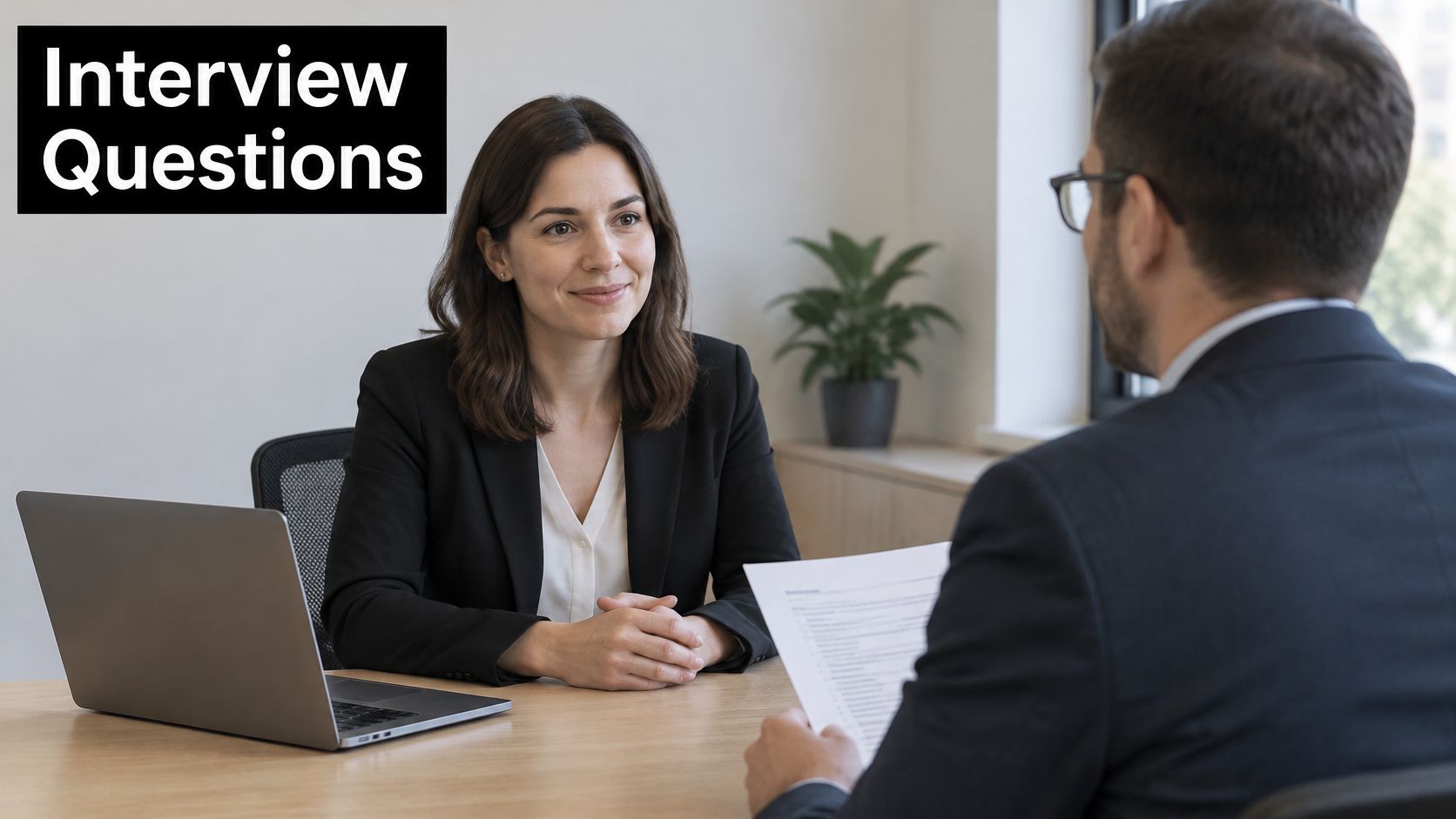 A professional woman interviewing a candidate in a bright modern office setting for a job application.