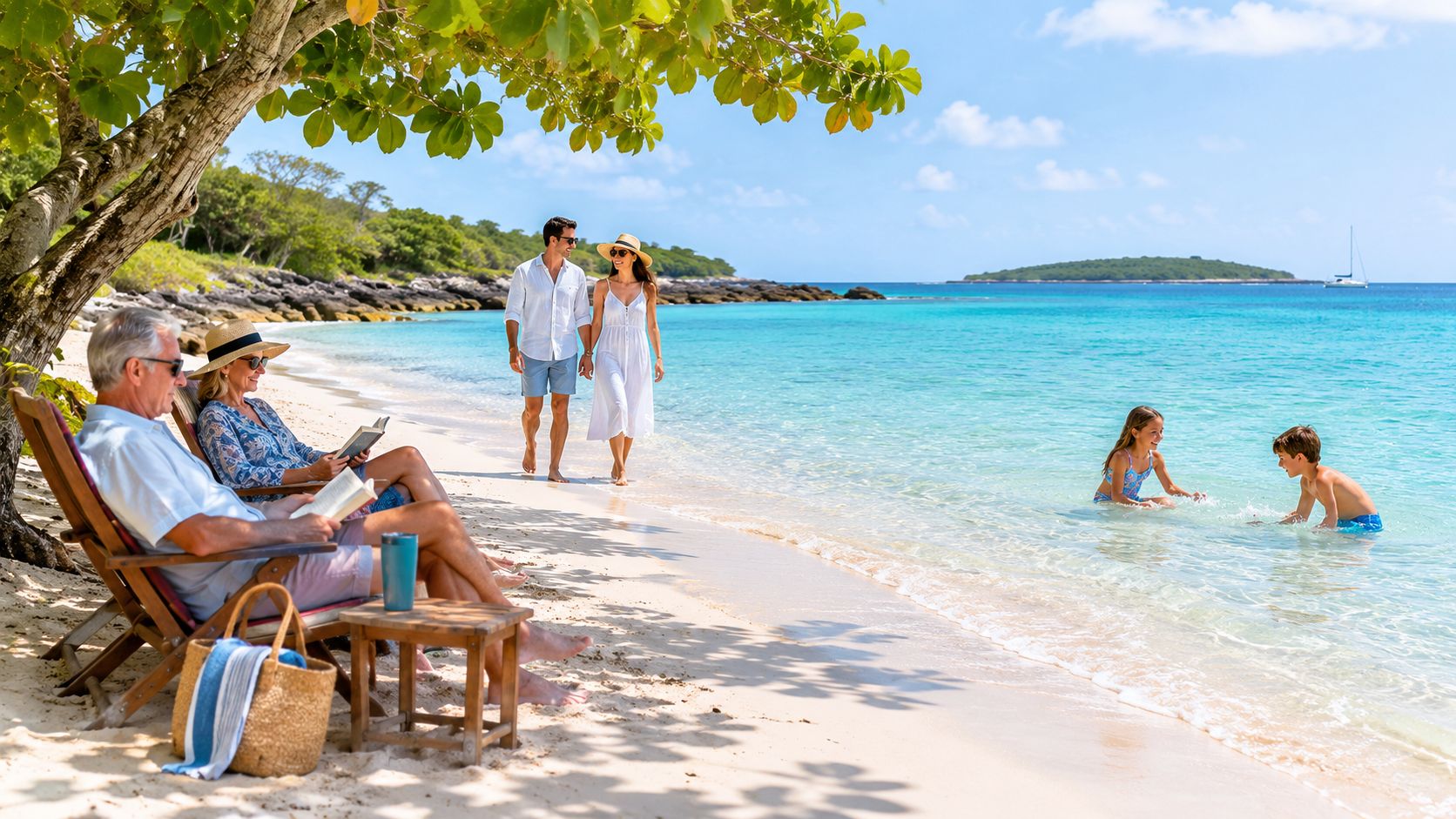 A multi-generational family enjoys a relaxing day on a tropical beach in St. Croix, USVI.