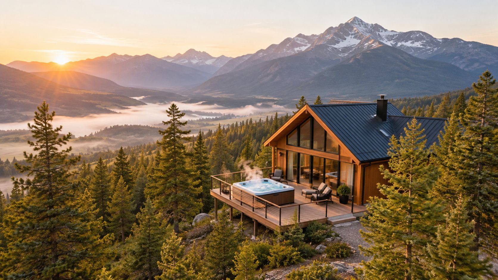 A luxurious wooden cabin with a hot tub on a deck overlooking a foggy mountain valley at sunrise.