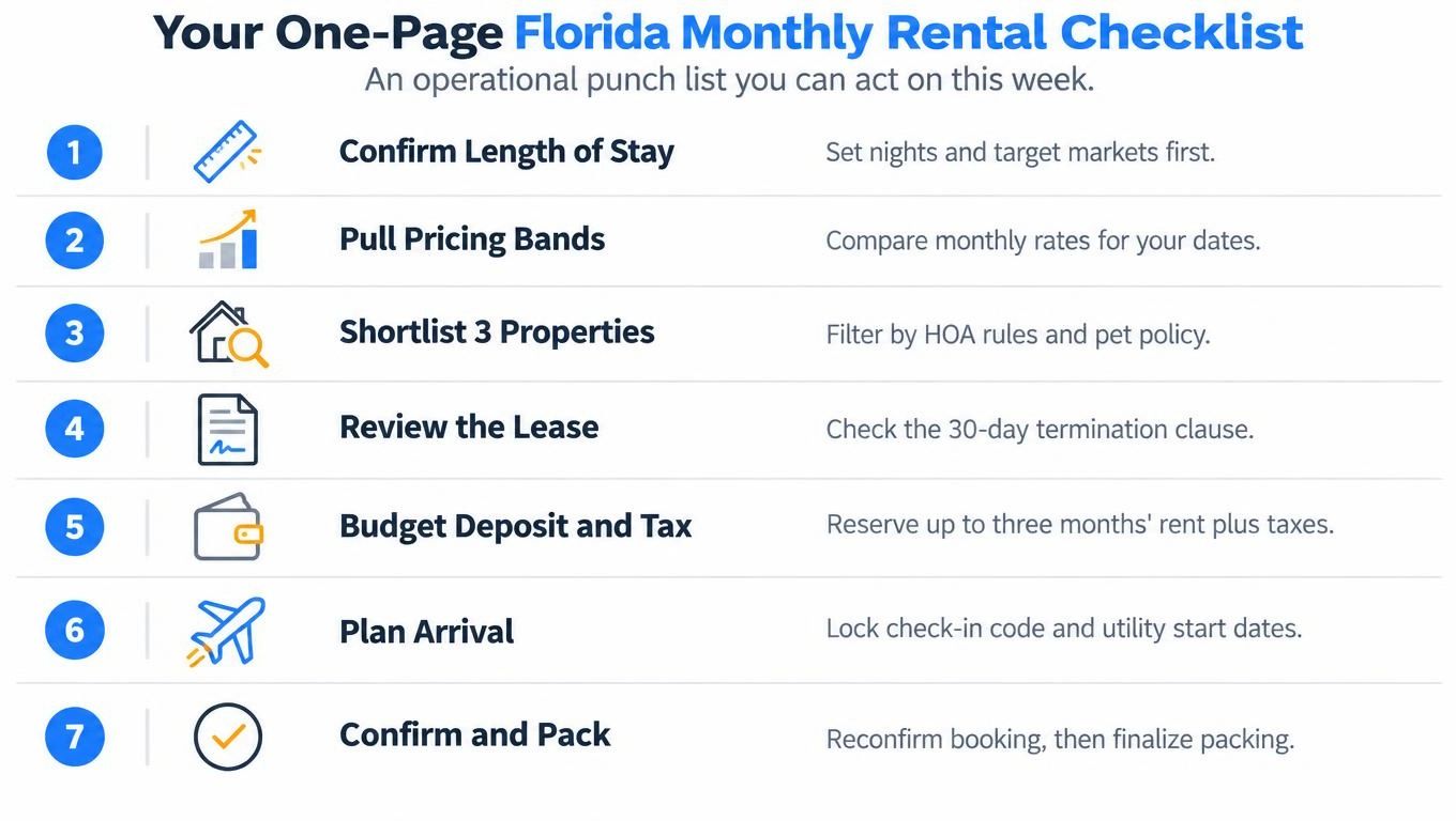 A seven-step checklist for planning and securing monthly rental properties in the state of Florida.