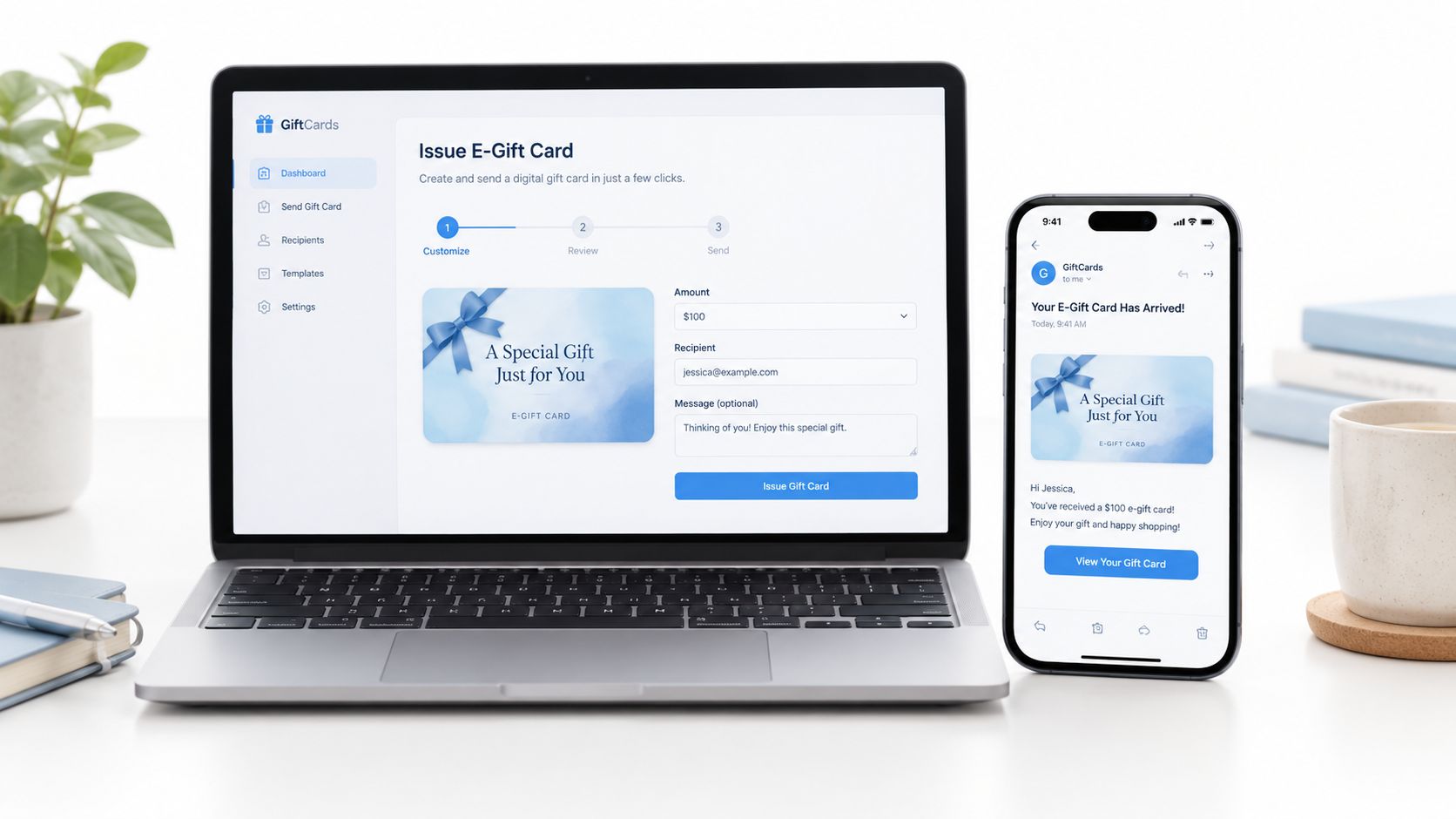 A laptop and smartphone displaying an e-gift card creation interface and a received digital gift card notification.