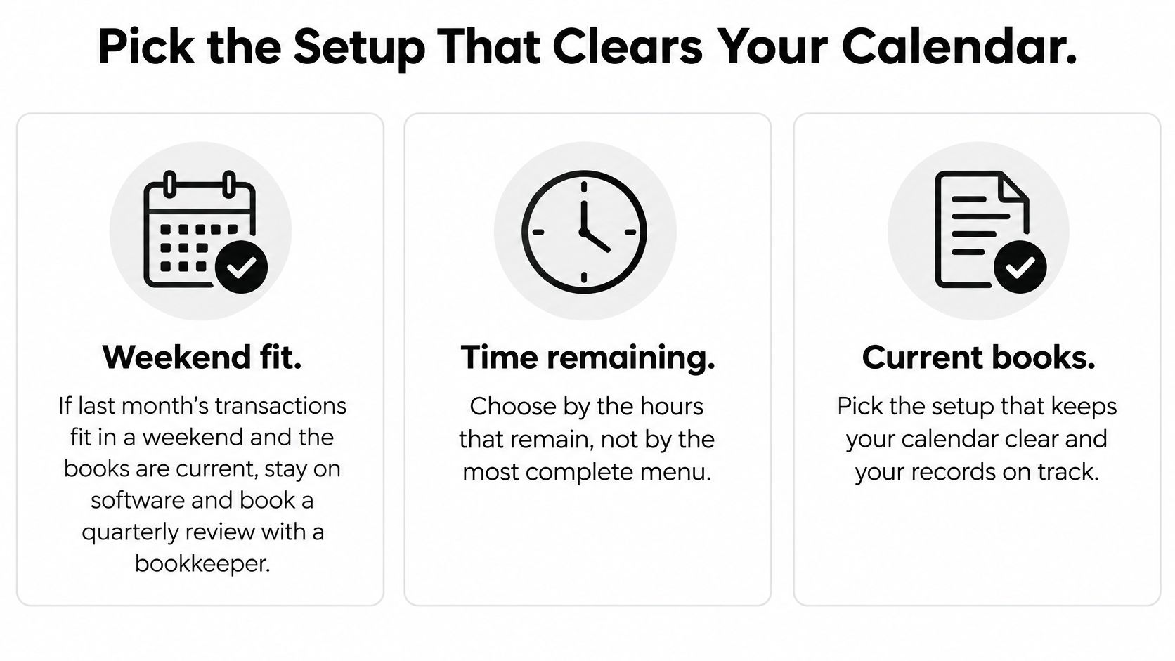 Three options for choosing a bookkeeping setup to clear your calendar, displayed with simple icons.