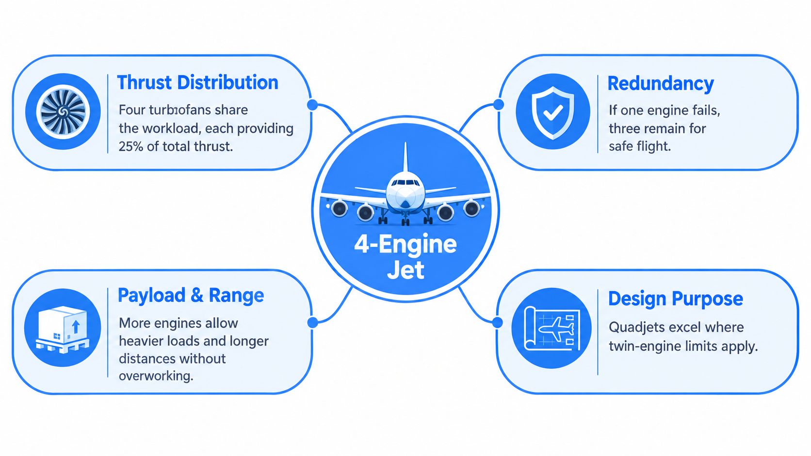 An infographic showing the technical advantages of a 4-engine jet including thrust, redundancy, payload, and design.