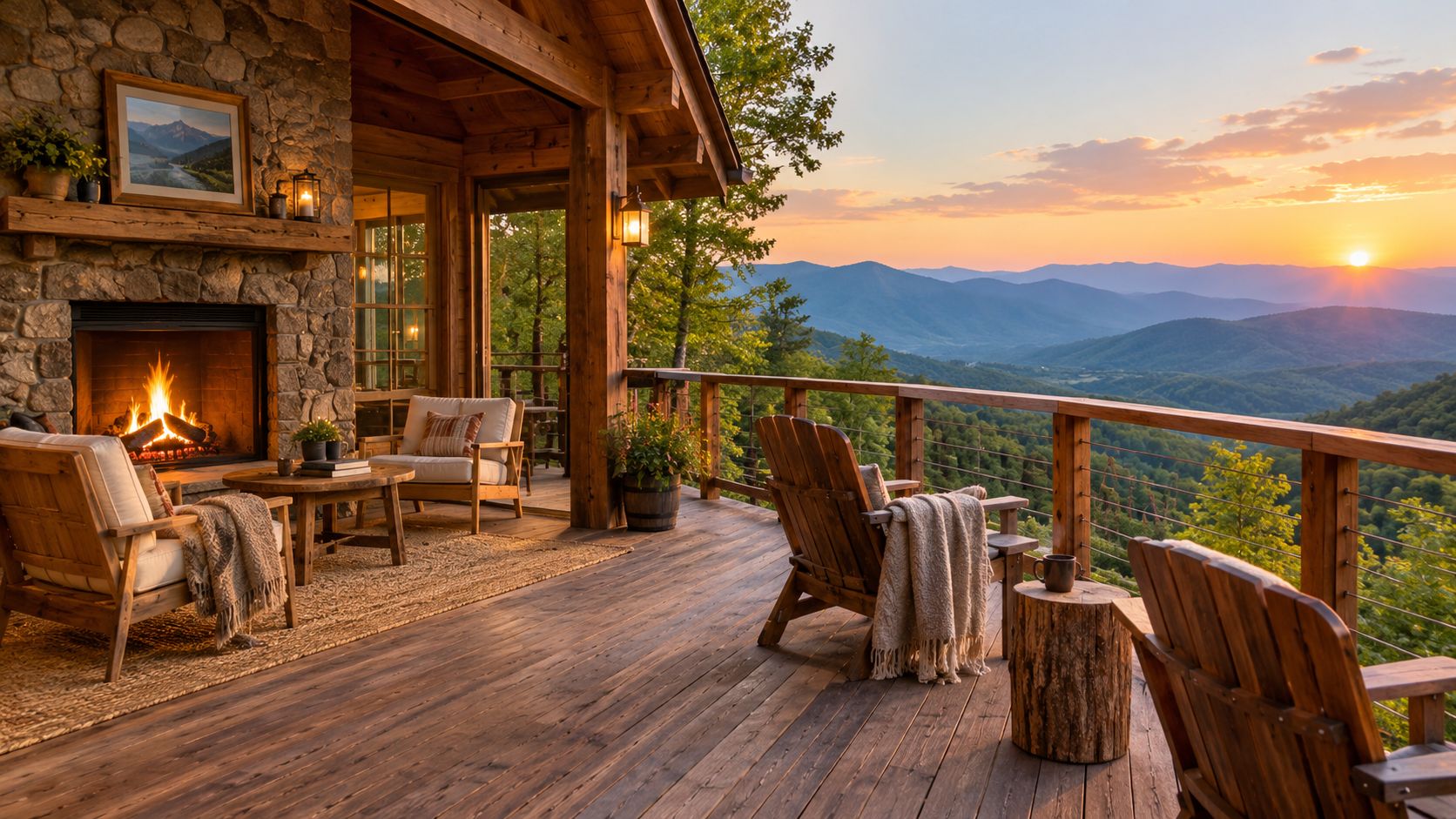 A cozy rustic cabin deck with comfortable chairs and a fireplace overlooking scenic mountain sunset views.