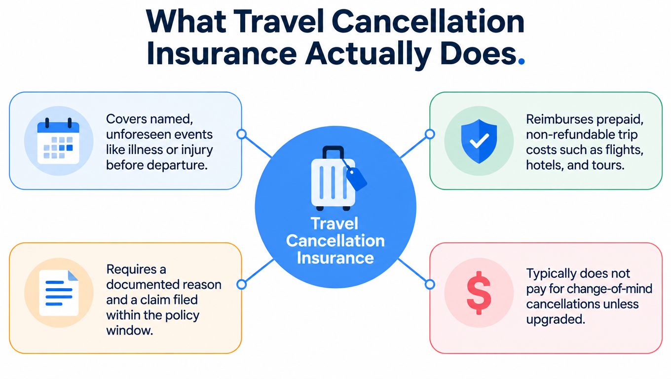 An infographic titled What Travel Cancellation Insurance Actually Does, explaining coverage, reimbursement, claims, and limitations.