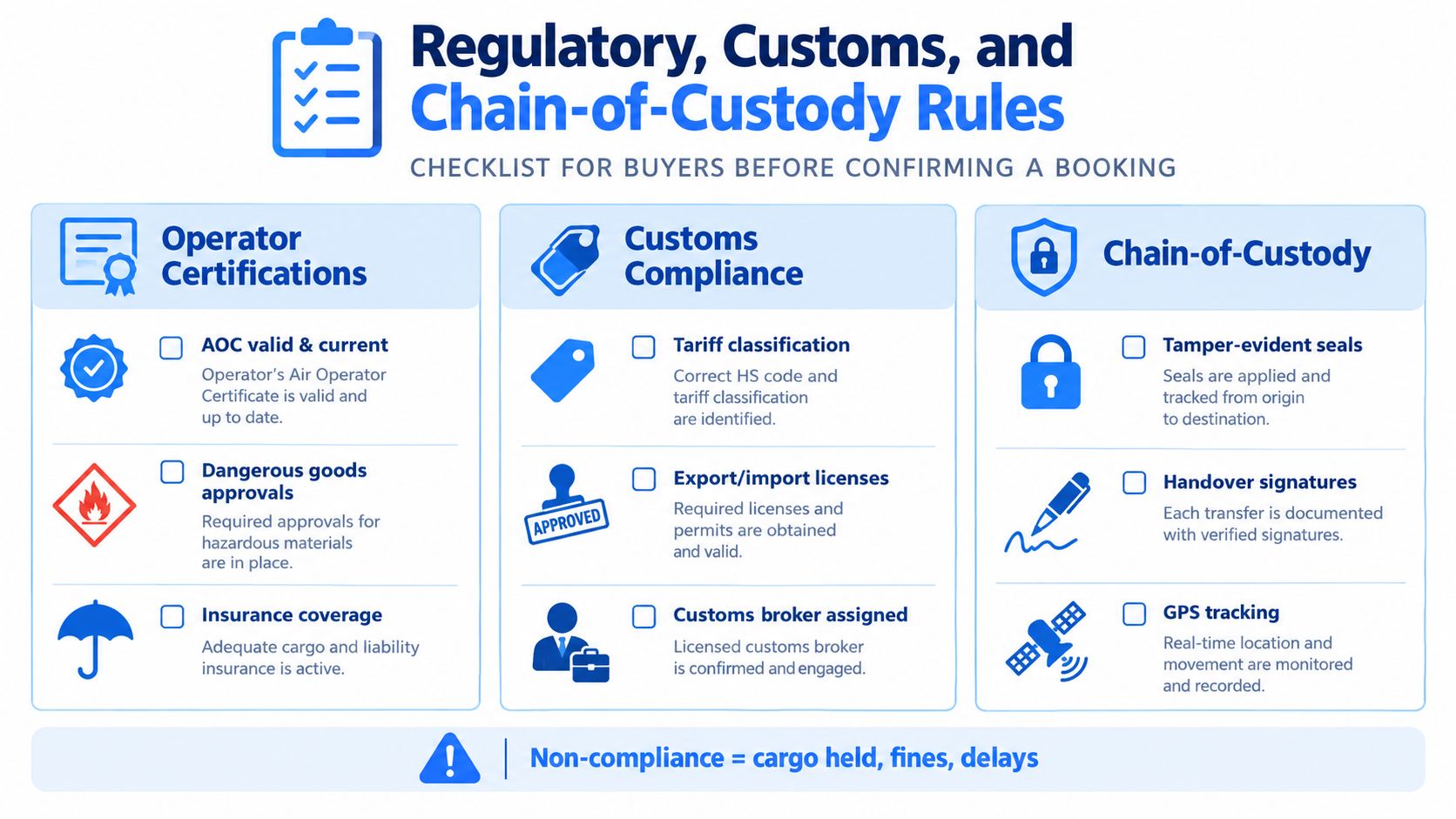 A checklist infographic outlining regulatory, customs, and chain-of-custody rules for air cargo charter bookings.