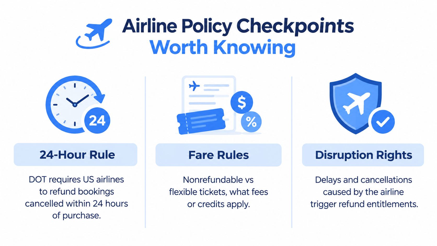 An infographic summarizing airline policy checkpoints including the 24-hour refund rule, fare rules, and passenger disruption rights.