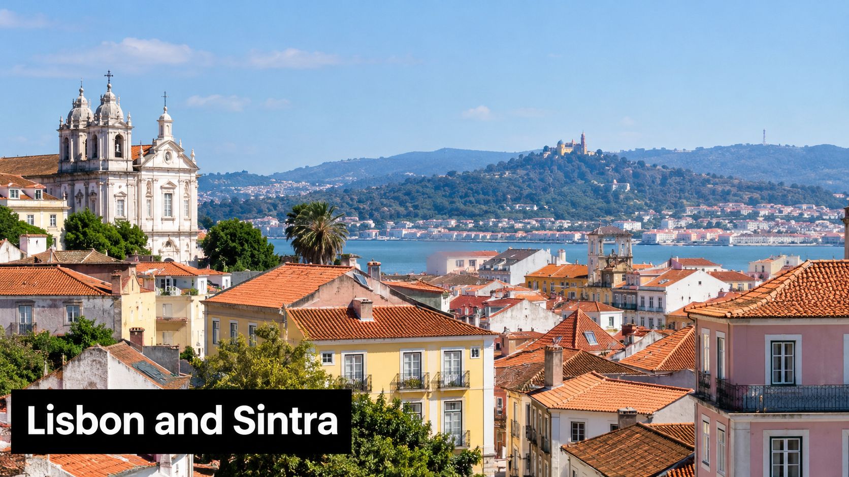 A picturesque view of Lisbon's historic rooftops, white buildings, and churches overlooking the Tagus River.