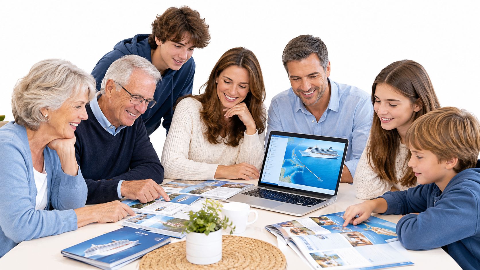 A happy multi-generational family sitting around a table planning a cruise vacation with brochures and a laptop.
