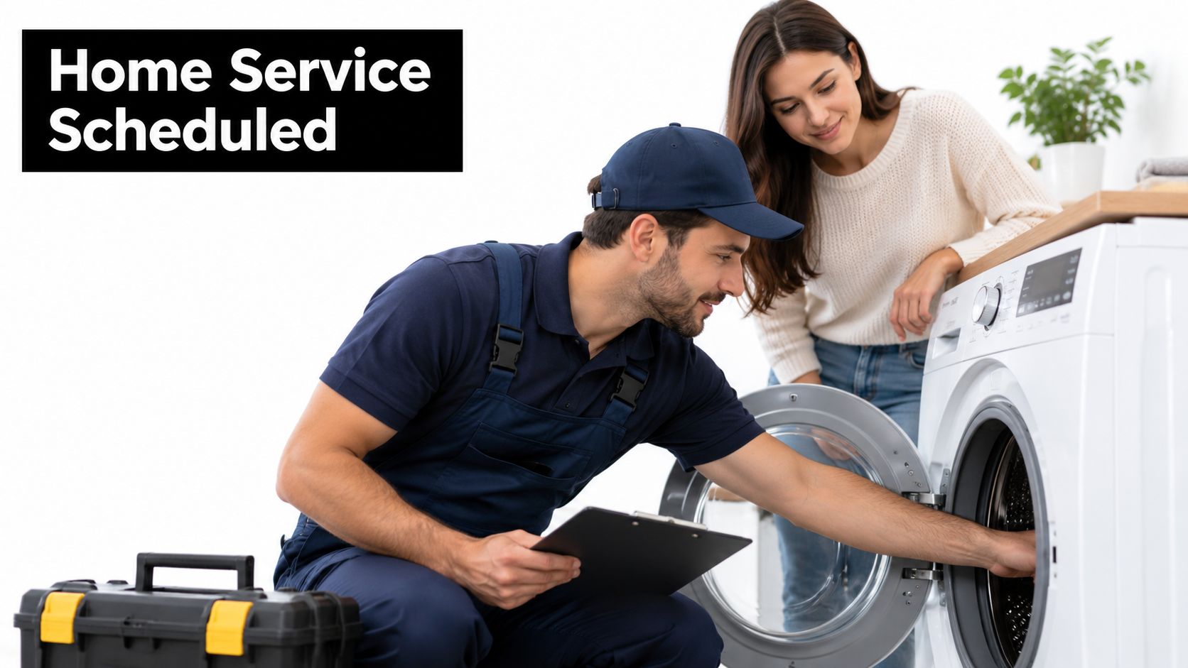 A professional technician in uniform inspects a washing machine while a smiling homeowner looks on.