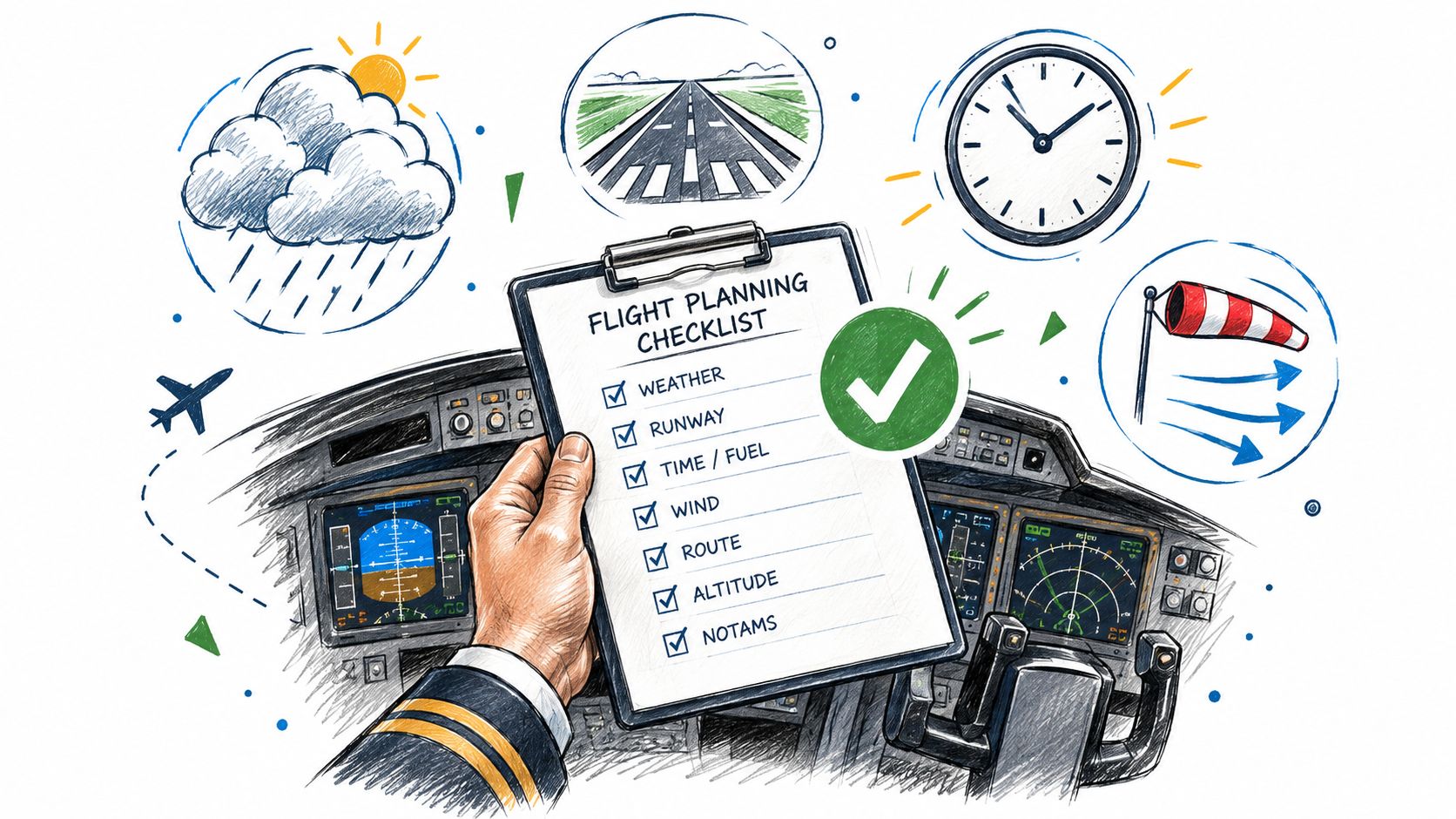 A pilot holding a flight planning checklist with icons representing aviation safety procedures and cockpit instrumentation.